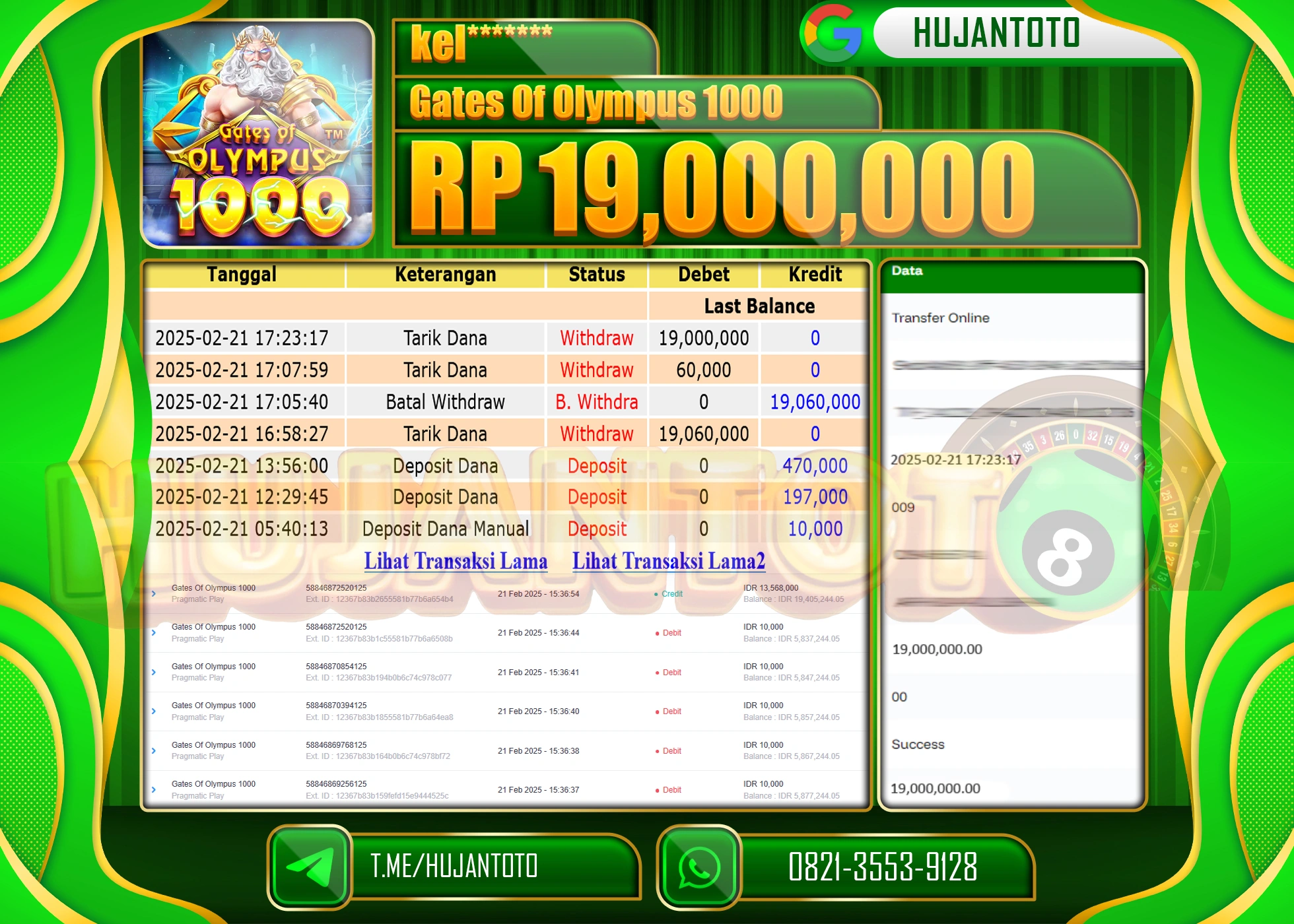 HUJANTOTO - BUKTI JACKPOT MENANG SLOT GATES OF OLYMPUS 1000 Rp,19,000,000 - TERBAYAR LUNAS