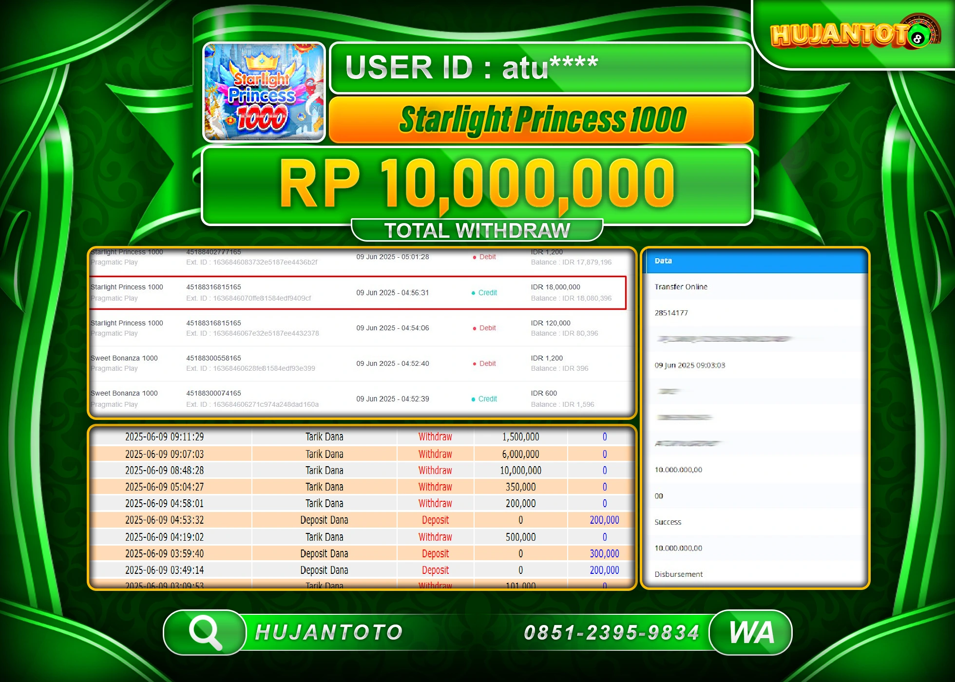 HUJANTOTO - BUKTI JACKPOT MENANG SLOT STARLIGHT PTINCESS 1000 Rp.10,000,000 - TERBAYAR LUNAS