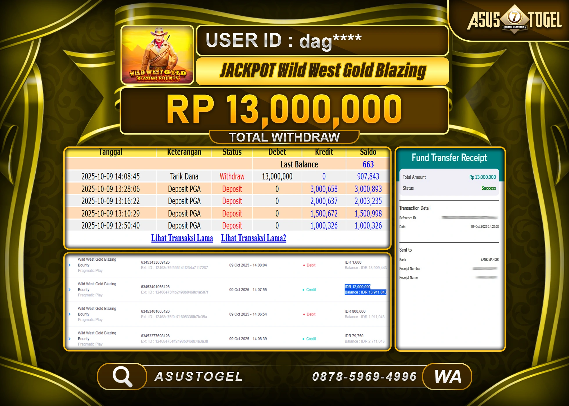 ASUSTOGEL KEMENANGAN SLOT DI WILD WEST GOLD BLAZING BOUNTY SEBESAR 13,000,000- RUPIAH LUNAS