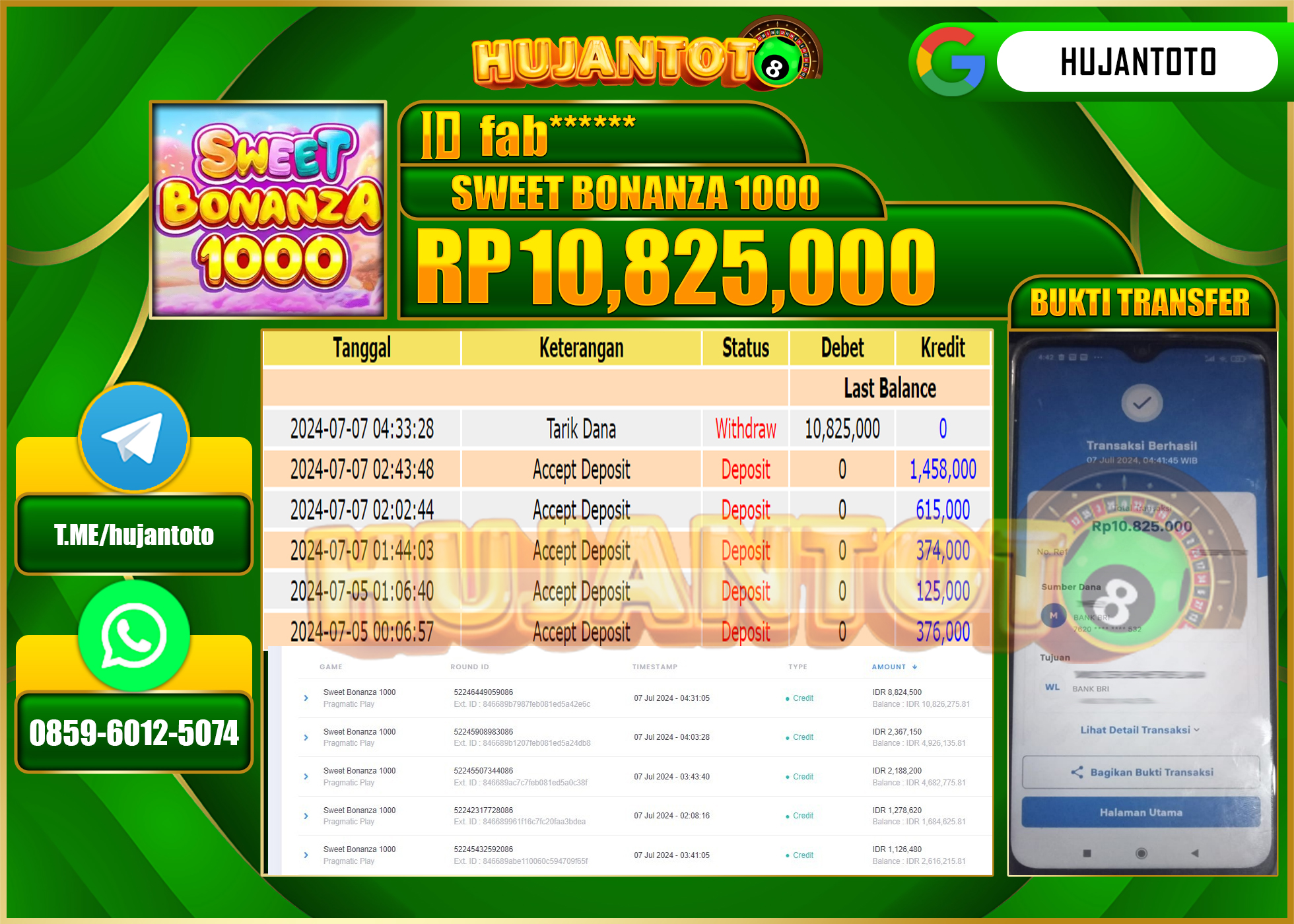 HUJANTOTO MENANG SLOT SWEET BONANZA 1000, 10,825,000 - LUNAS 