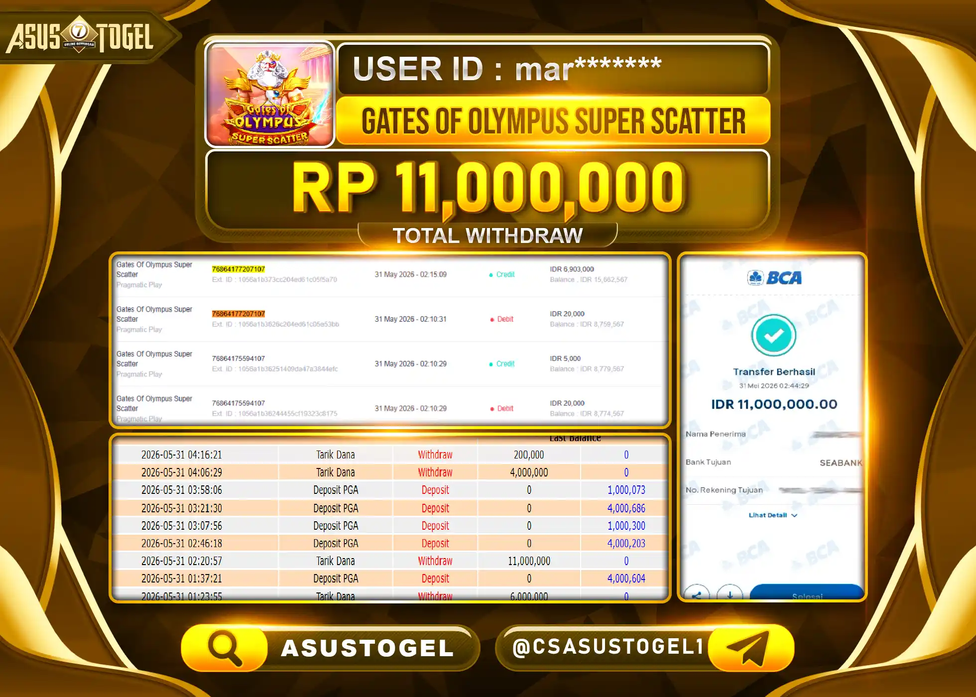 ASUSTOGEL KEMENANGAN JACKPOT SLOT GATE OF OLYMPUS SUPER SCATTER Rp.11,000,000 - RUPIAH LUNAS