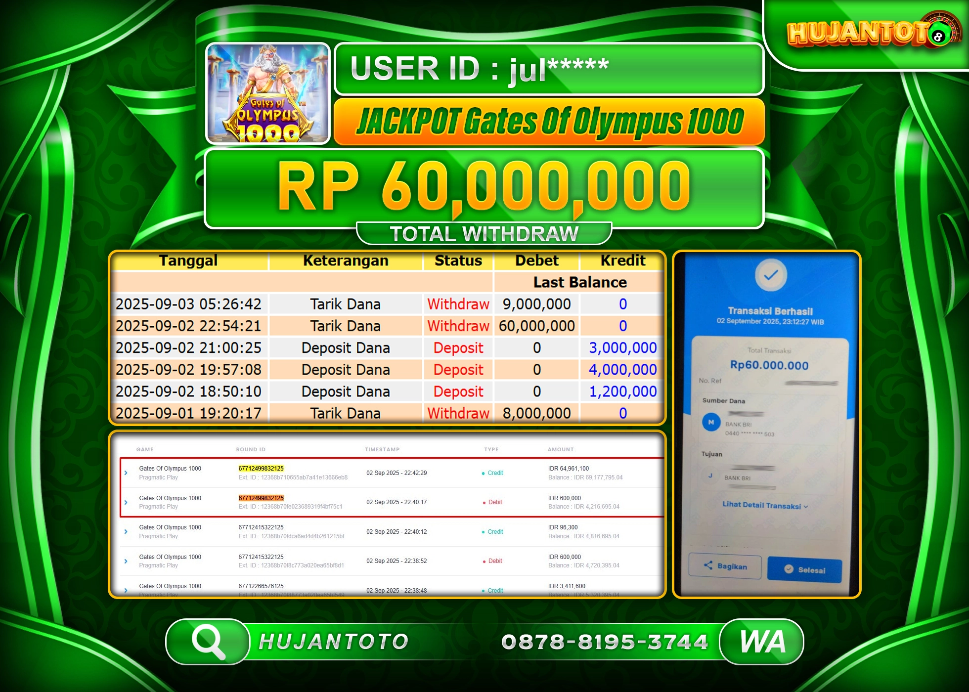 HUJANTOTO - BUKTI JACKPOT MENANG SLOT GATES OF OLYMPUS 1000 Rp.60,000,000 - TERBAYAR LUNAS