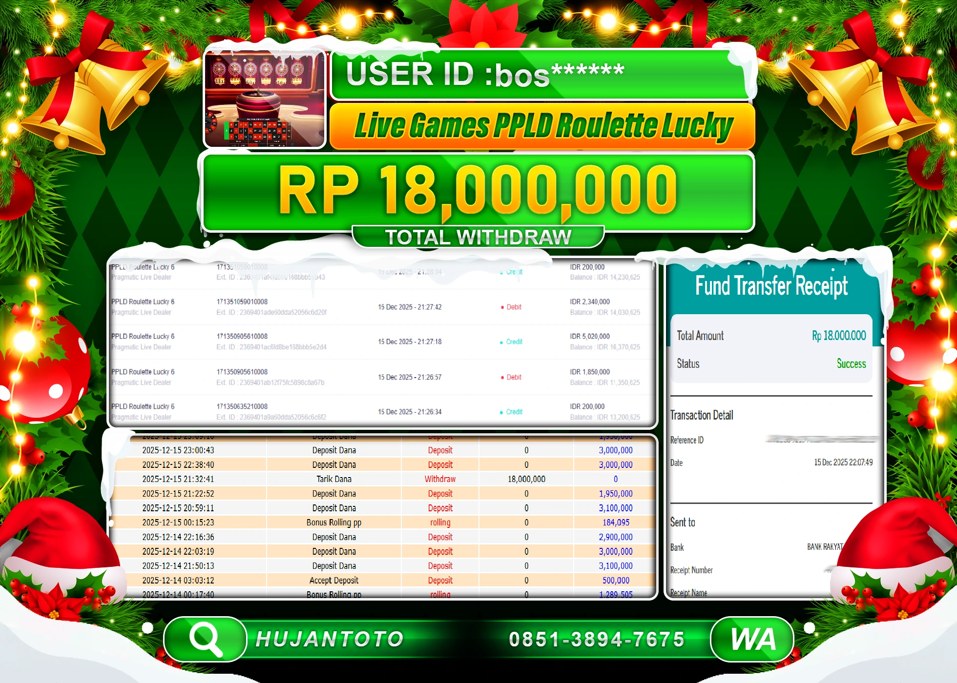 HUJANTOTO - BUKTI JACKPOT MENANG LIVE GAMES PPLD ROULETTE LUCKY Rp.18,000,000 - TERBAYAR LUNAS