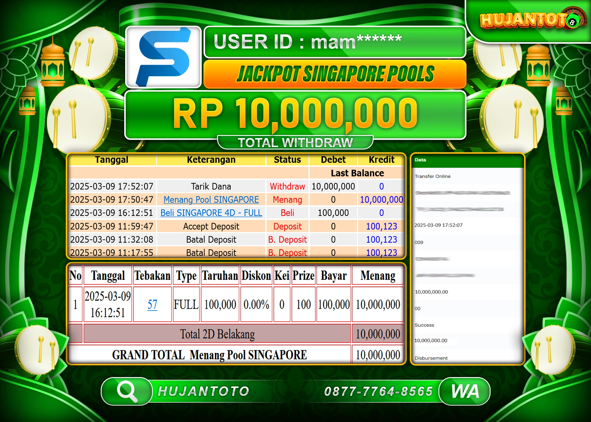 HUJANTOTO - BUKTI JACKPOT MENANG TOGEL SINGAPORE POOLS Rp,10.000,000 - TERBAYAR LUNAS