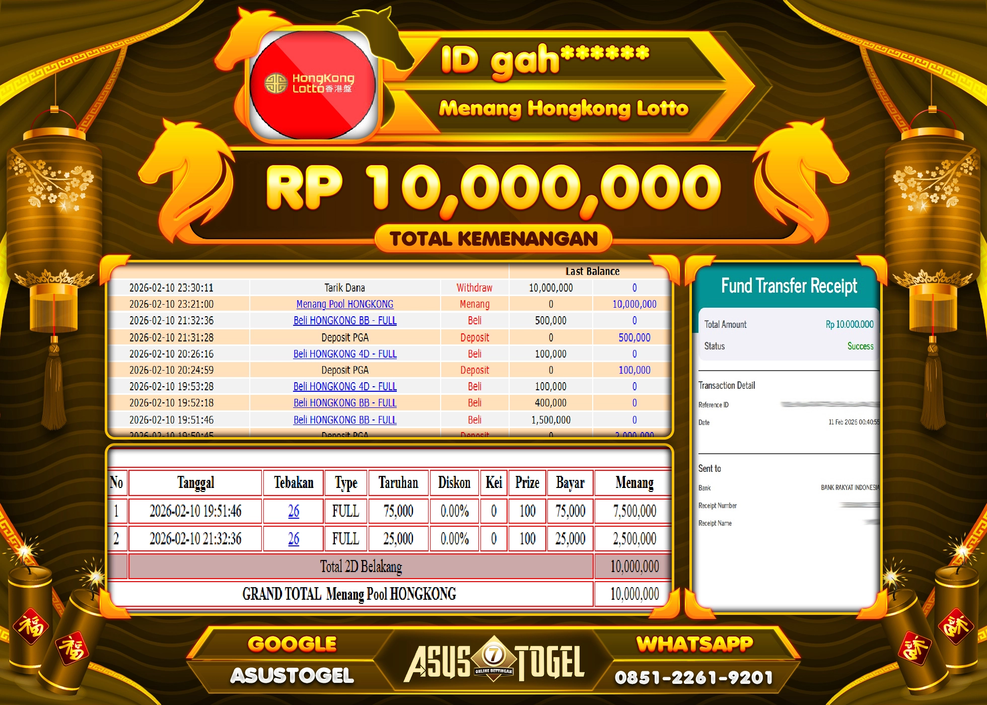 ASUSTOGEL KEMENANGAN DI TOGEL HONGKONG LOTTO SEBESAR 10,000,000 - RUPIAH LUNAS
