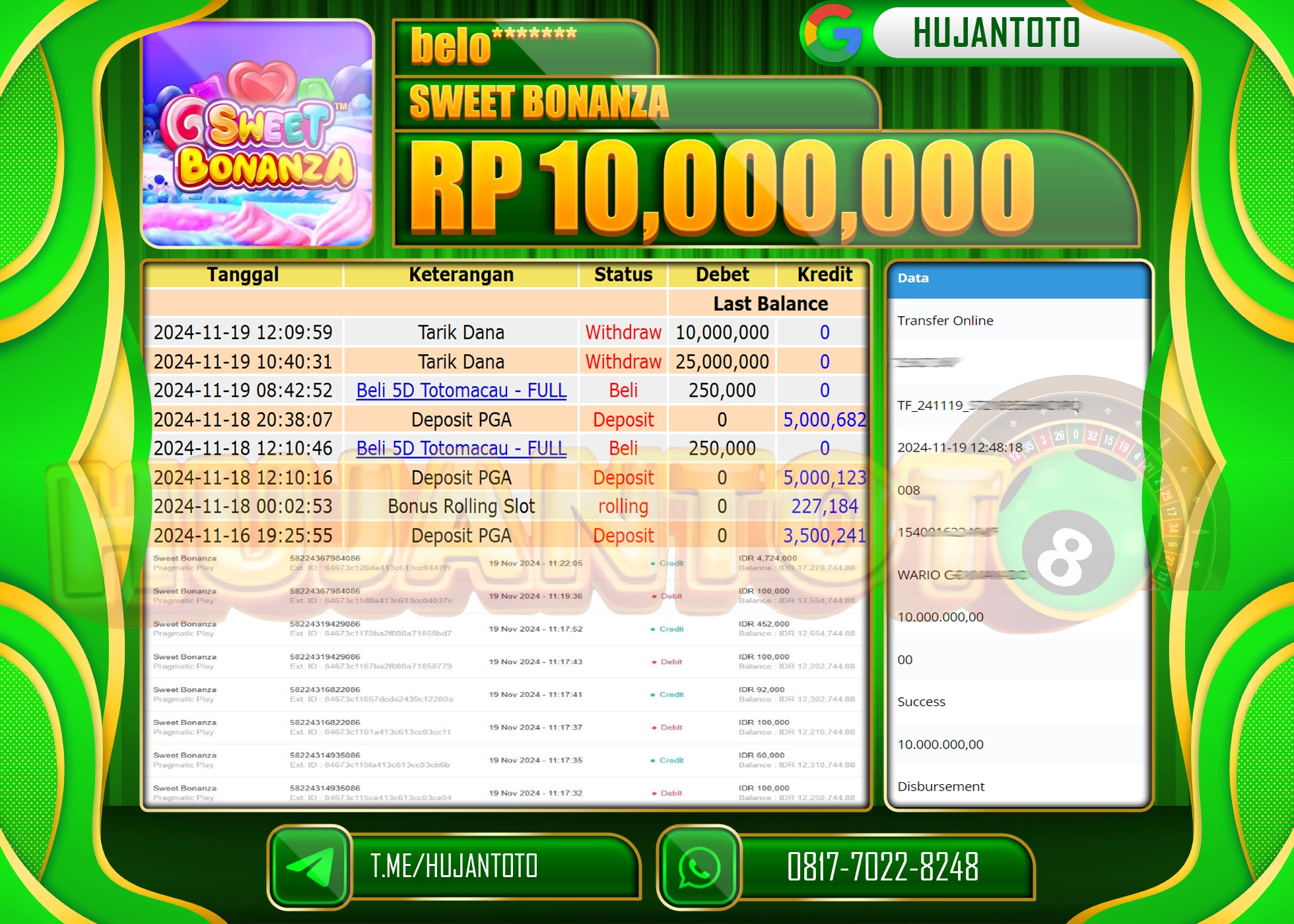 HUJANTOTO MENANG DI RAIH DI SLOT SLOT SWEET BONANZA SEBESAR - 10,000,000 - LUNAS