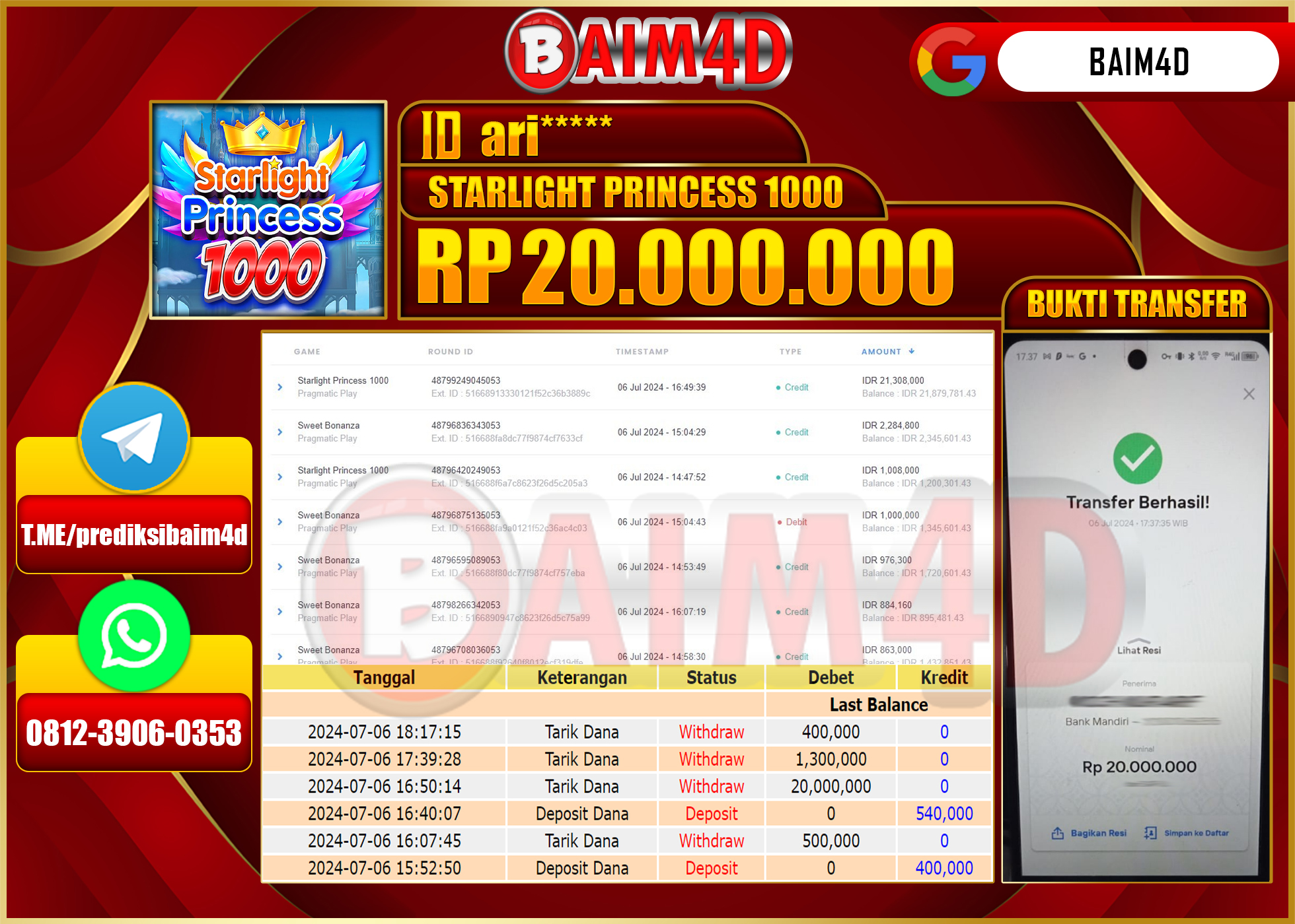 BAIM4D JACKPOT STARLIGHT PRINCESS  Rp.20.000,000.- LUNAS