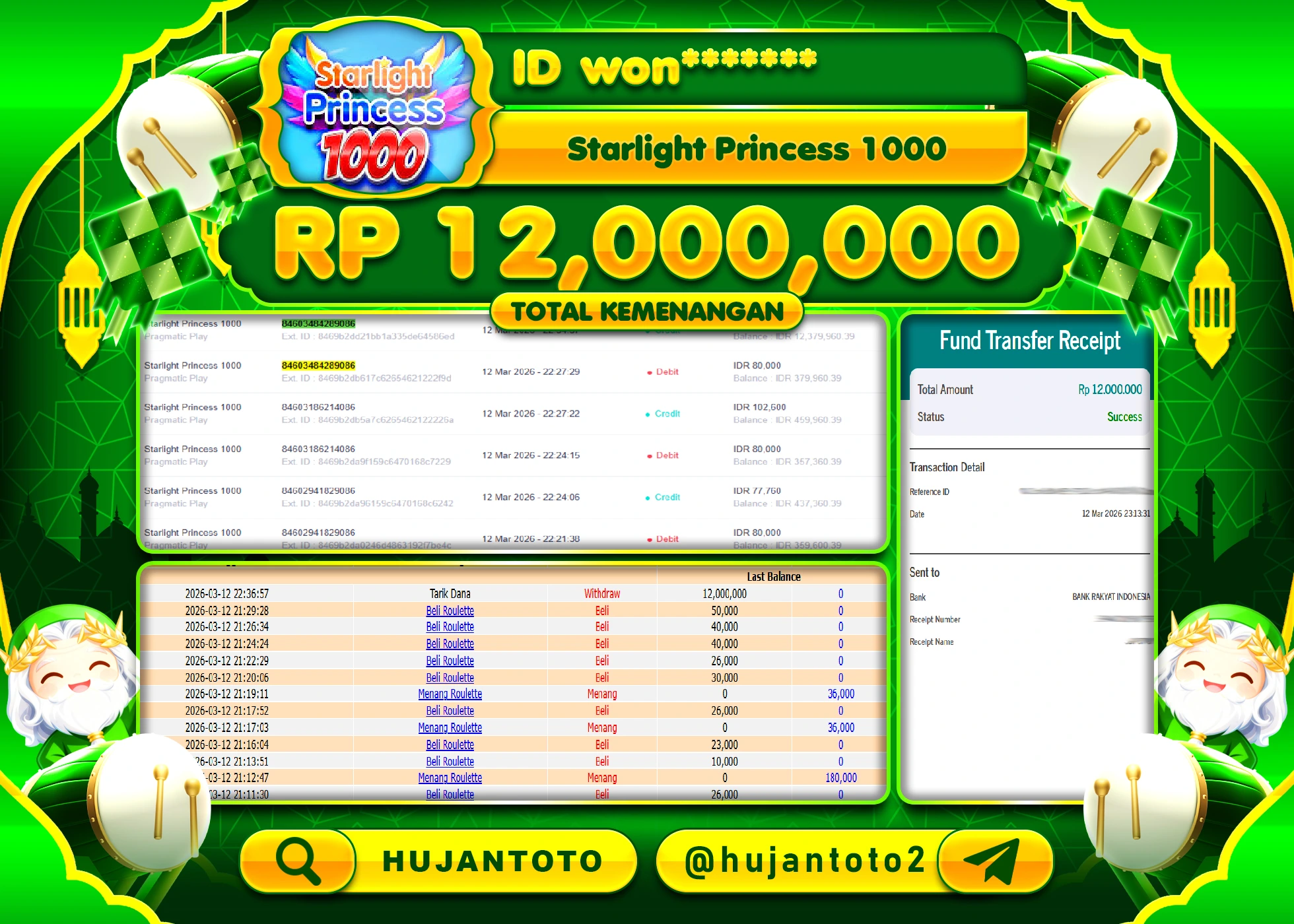 HUJANTOTO - BUKTI JACKPOT MENANG SLOT STARLIGHT PRINCESS 1000 Rp.12,000,000 - TERBAYAR LUNAS