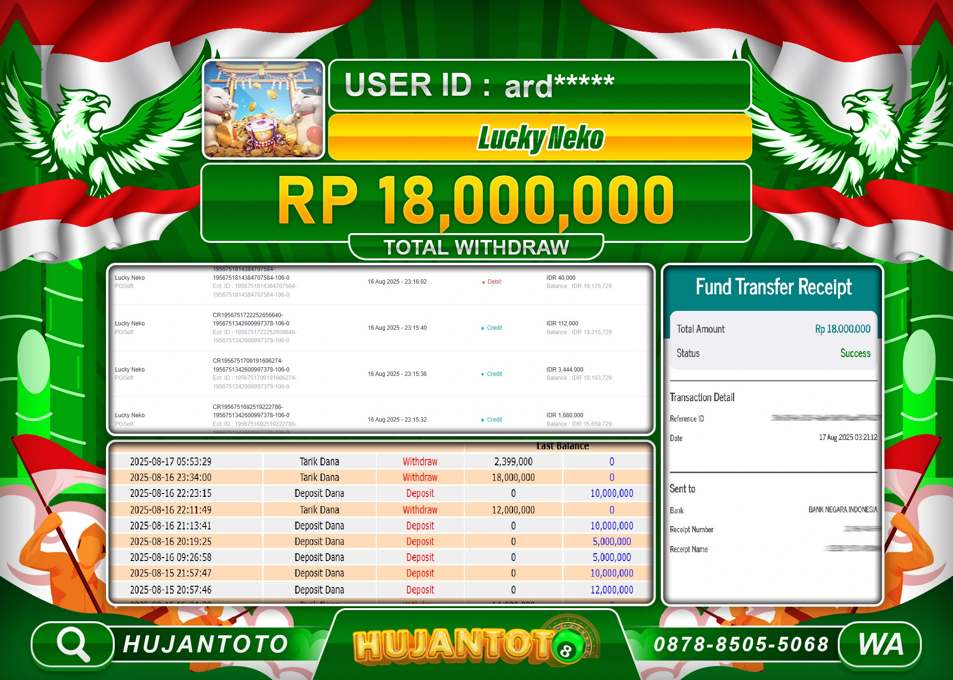 HUJANTOTO - BUKTI JACKPOT MENANG SLOT LUCKY NEKO PGSOFT Rp.18,000,000 - TERBAYAR LUNAS