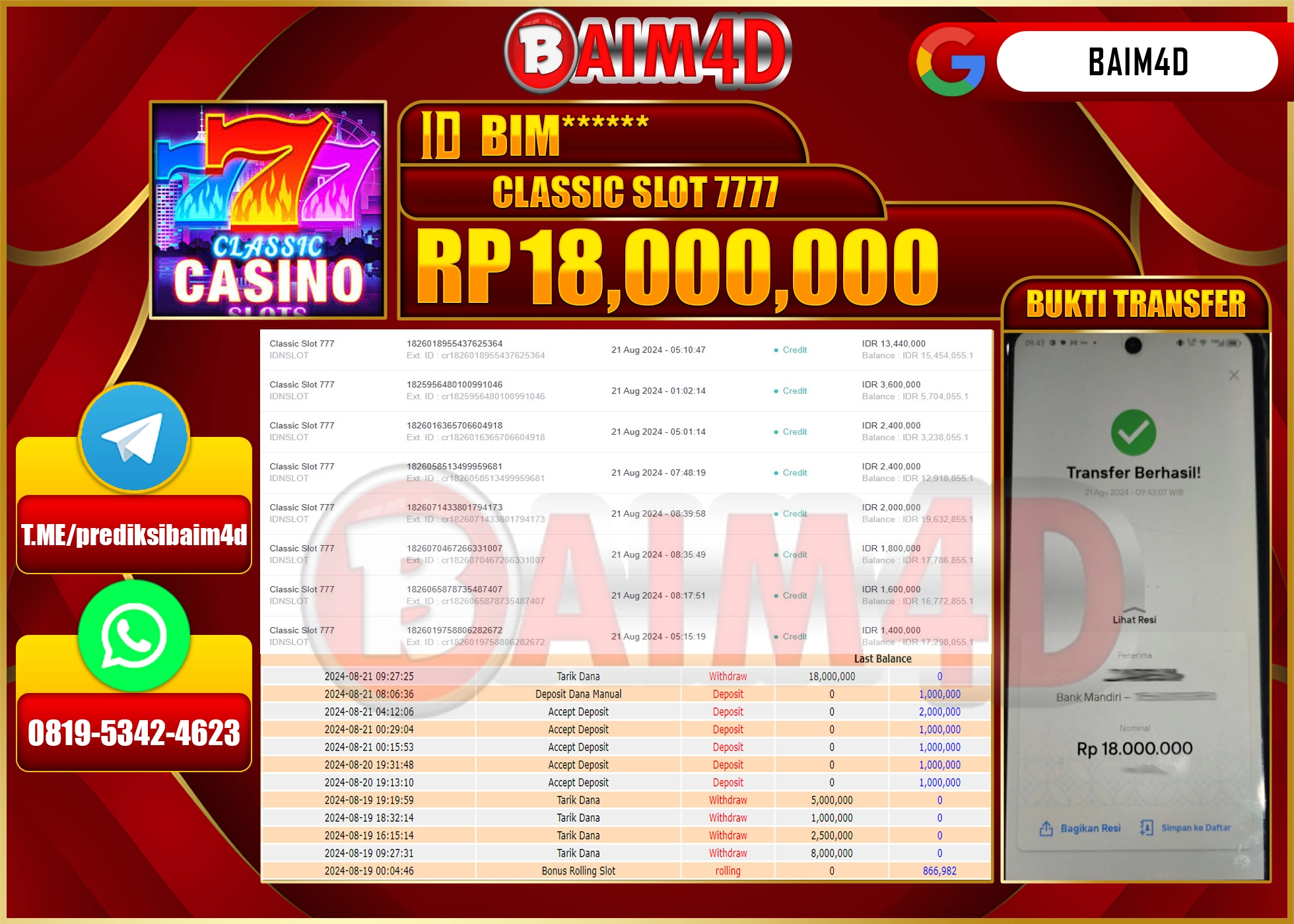 BAIM4D JACKPOT CLASSIC SLOT 777 Rp.18.000,000.- LUNAS
