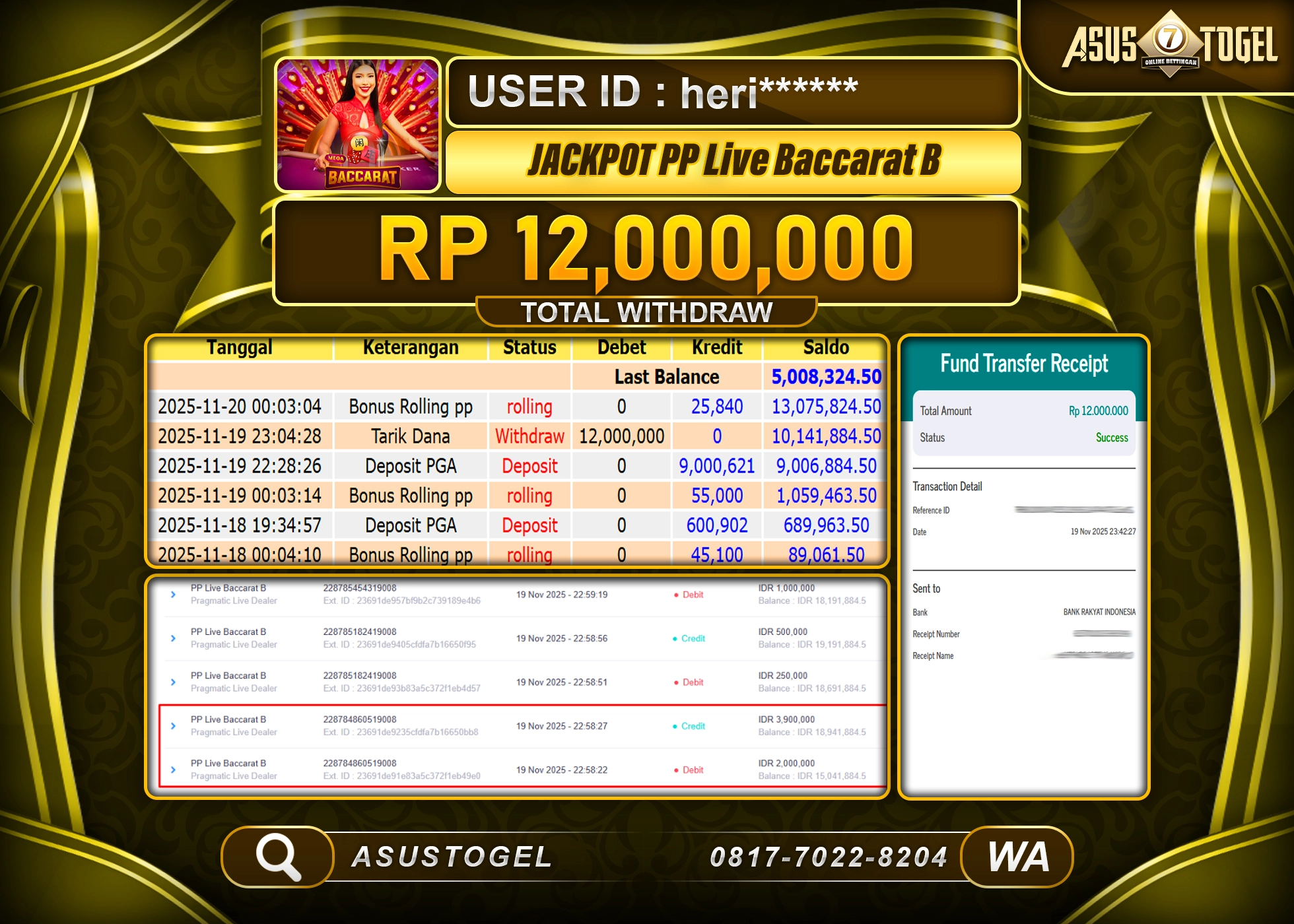 ASUSTOGEL KEMENANGAN DI LIVE GAMES PP BACCARAT B SEBESAR 12,000,000 - RUPIAH LUNAS