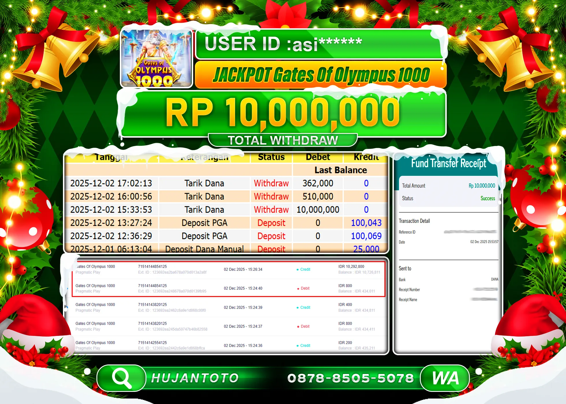 HUJANTOTO - BUKTI JACKPOT MENANG SLOT GATES OF OLYMPUS  1000 Rp.10,000,000 - TERBAYAR LUNAS