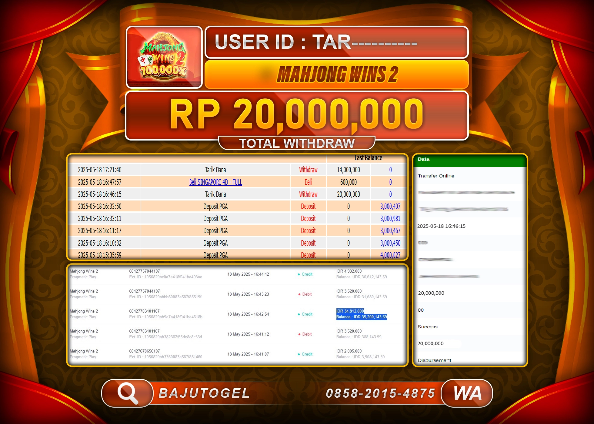 BAJUTOGEL KEMENANGAN  MAHJONG WINS 2 Rp.20.000.000 LUNAS