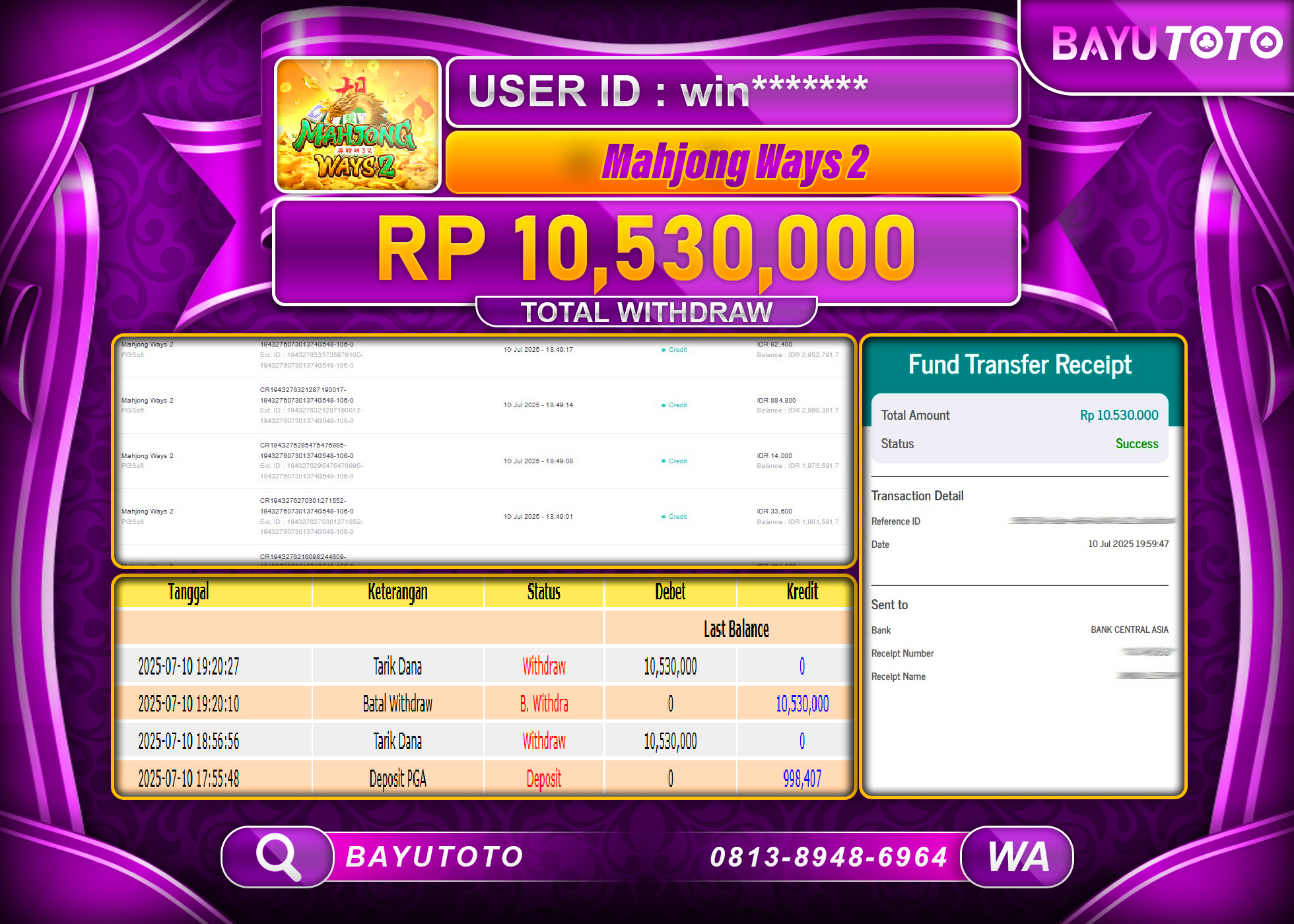 BAYUTOTO JACKPOT DI PERMAINAN SLOT PG SOFT MAHJONG WAYS 2 Rp.10,530,000 LUNAS  