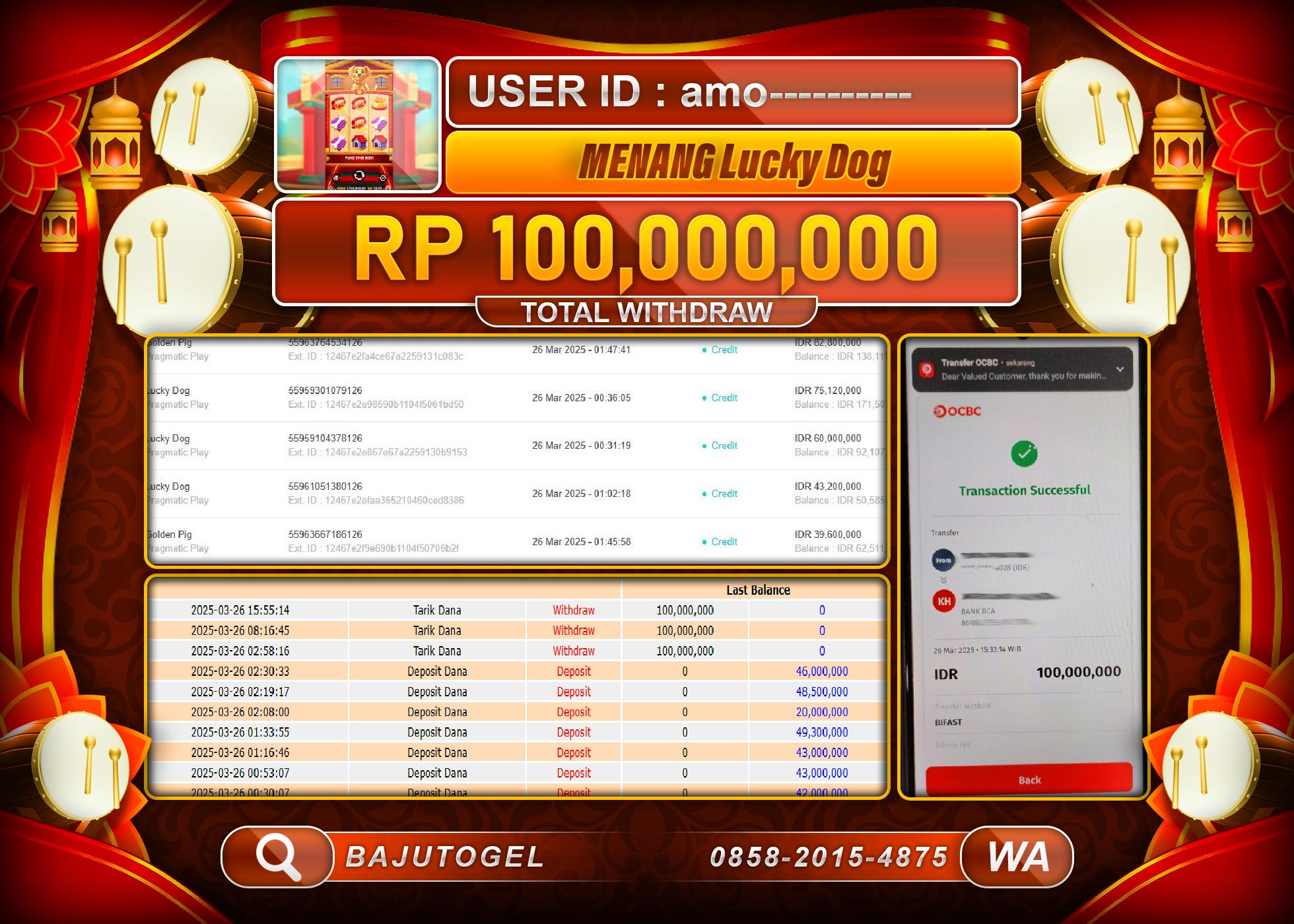 BAJUTOGEL KEMENANGAN LUCKY DOG Rp.100.000.000 LUNAS