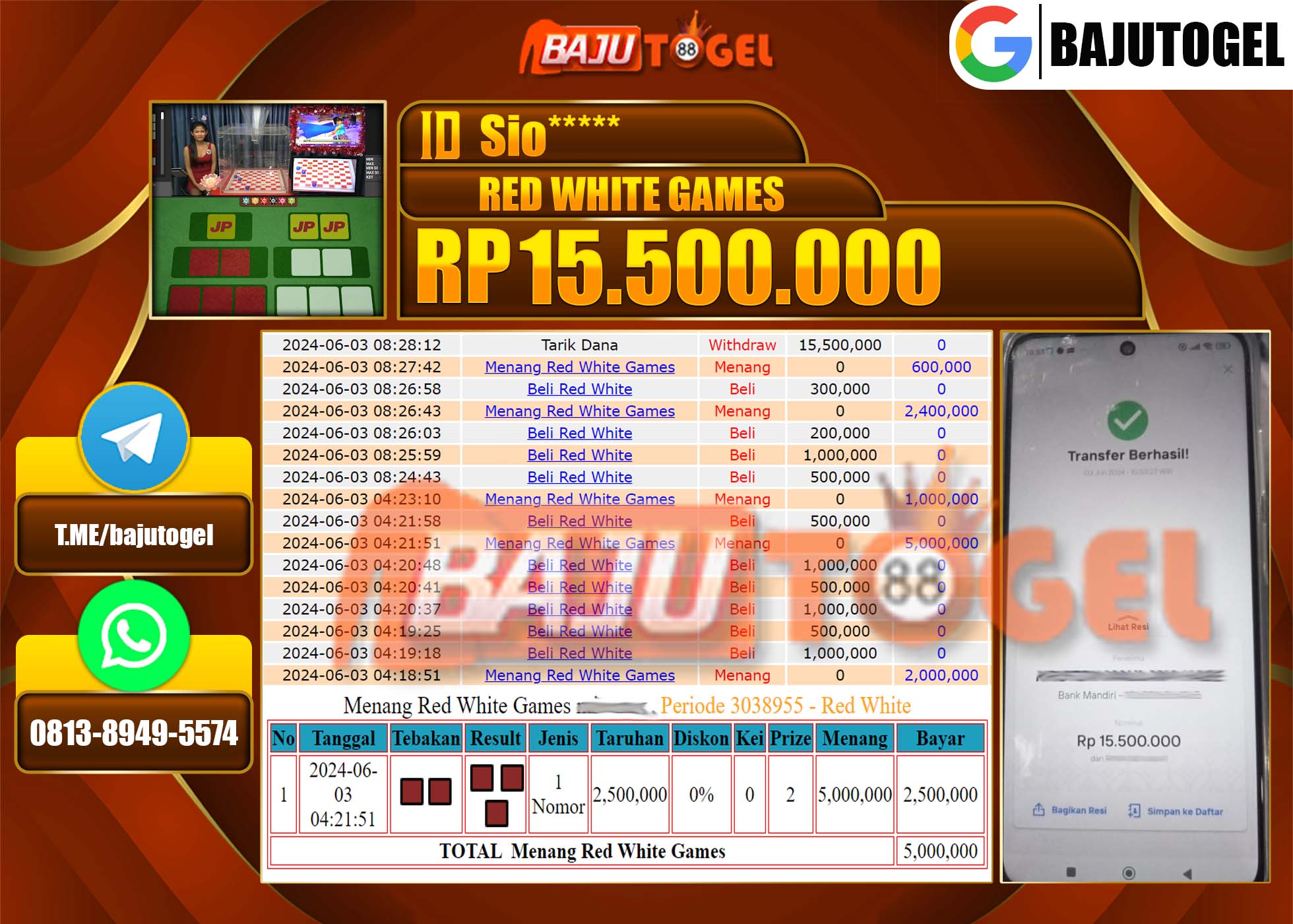 BAJUTOGEL JACKPOT LIVE CASINO RED WHITE GAMES Rp.15.500.000 LUNAS