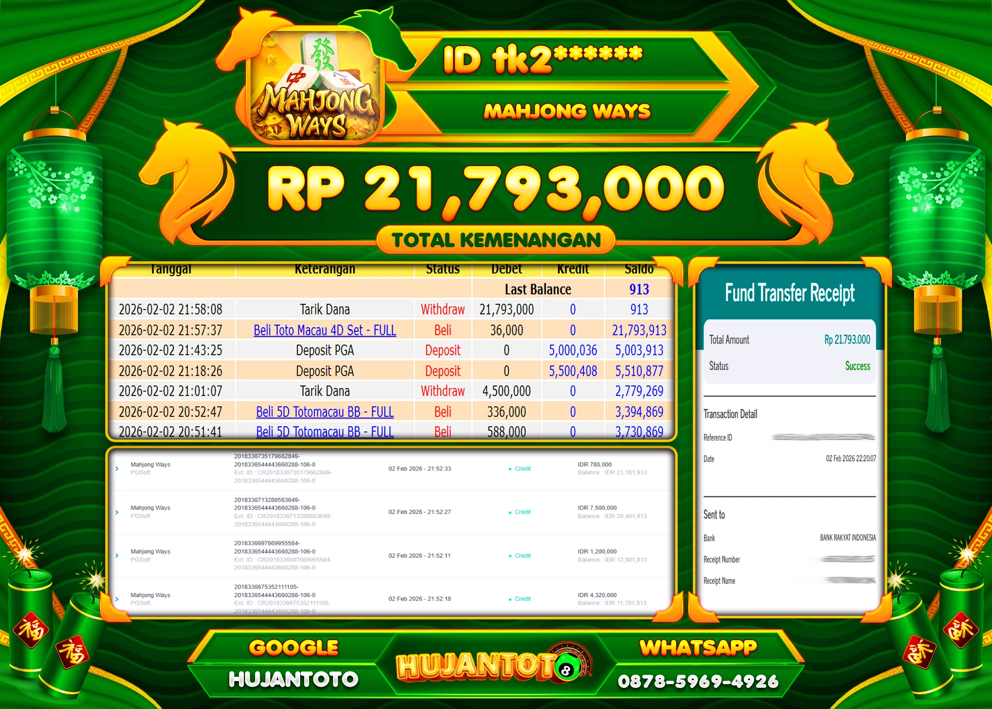 HUJANTOTO - BUKTI JACKPOT MENANG SLOT MAHJONG WAYS Rp.21,793,000 - TERBAYAR LUNAS