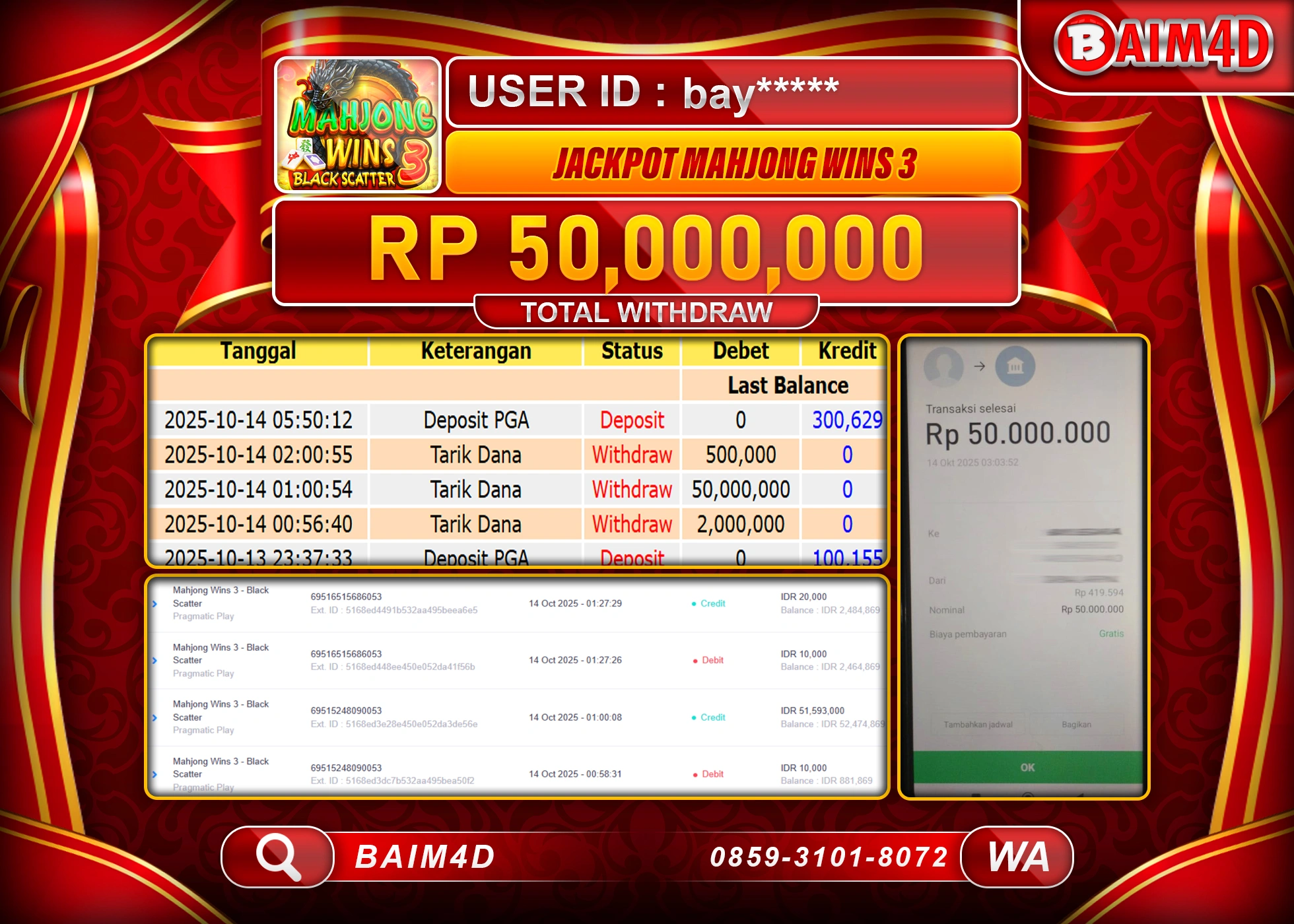 BAIM4D JACKPOT SLOT MAHJONG WINS 3  Rp.50,000,000.- LUNAS