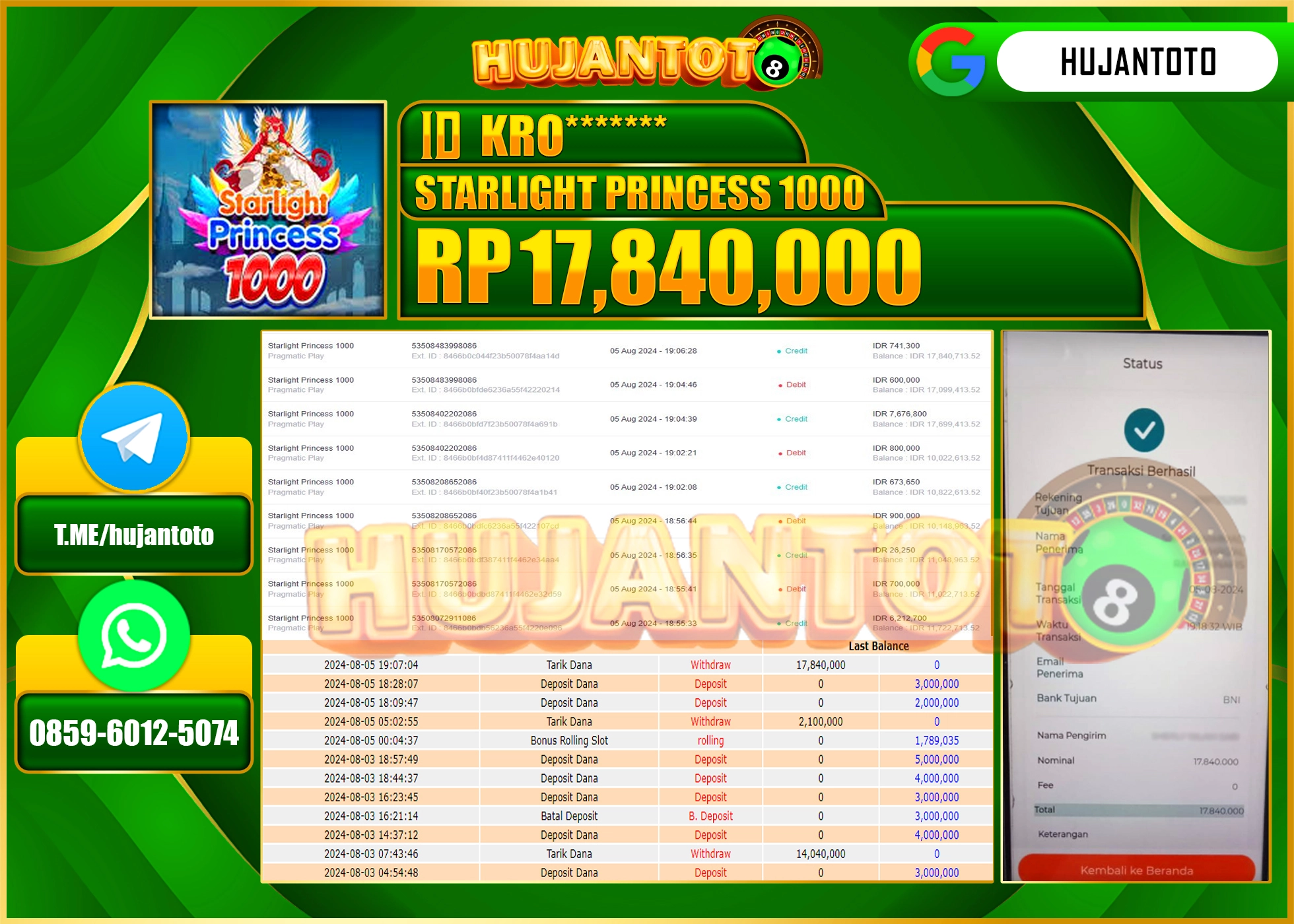 HUJANTOTO MENANG BESAR DI PERMAINAN SLOT (STARLIGHT PRINCESS 1000)17.840.000 - LUNAS 