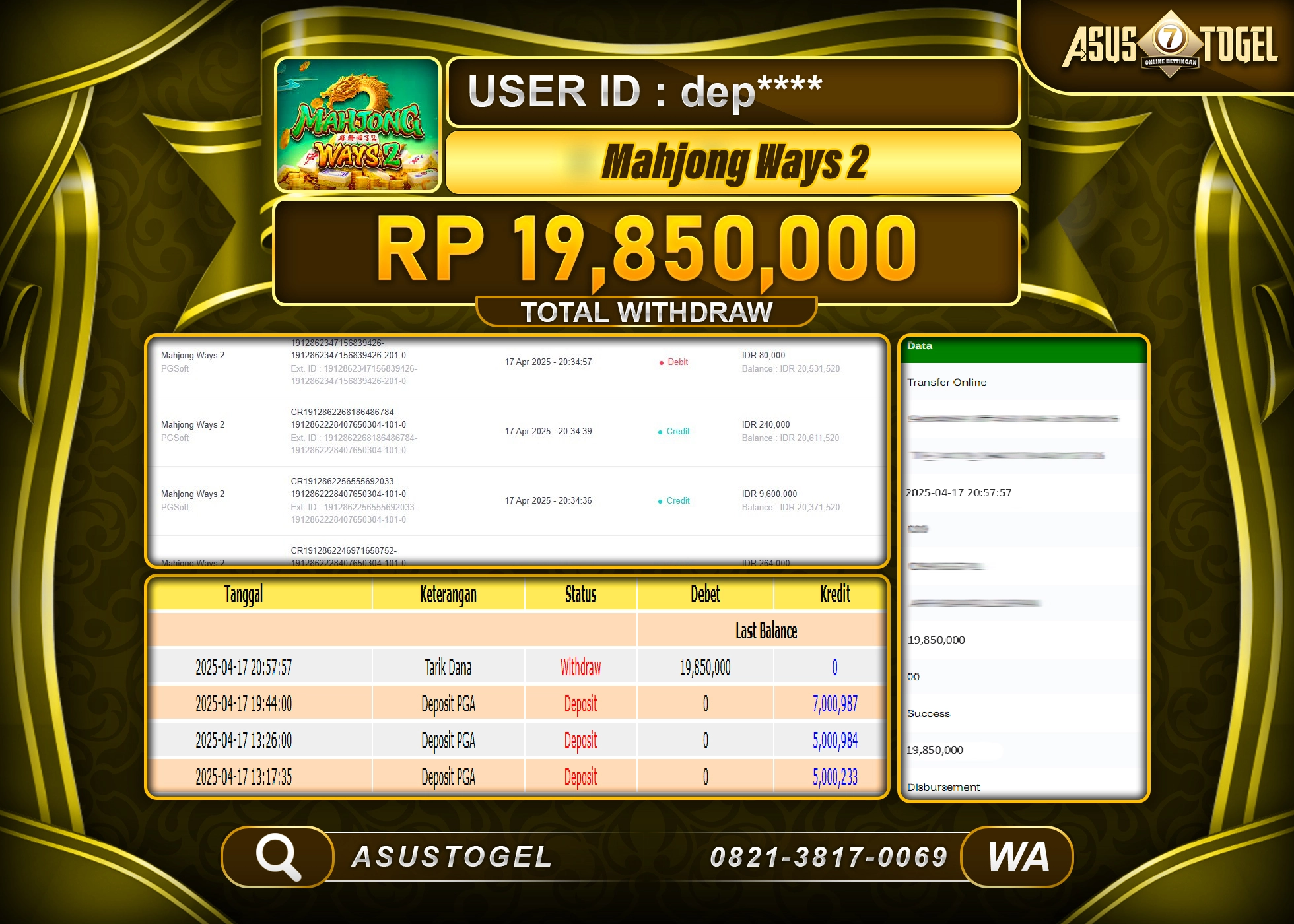 ASUSTOGEL KEMENANGAN DI SLOT MAHJONG WAYS 2 SEBESAR 19,850,000- RUPIAH LUNAS