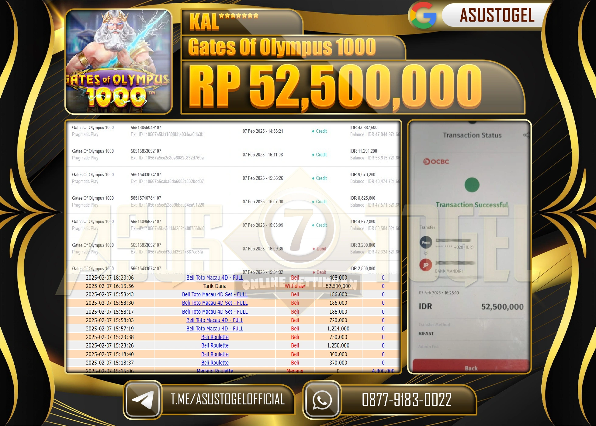 ASUSTOGEL KEMENANGAN DI GATES OF OLYMPUS 1000  SEBESAR 52,500,000 - RUPIAH LUNAS