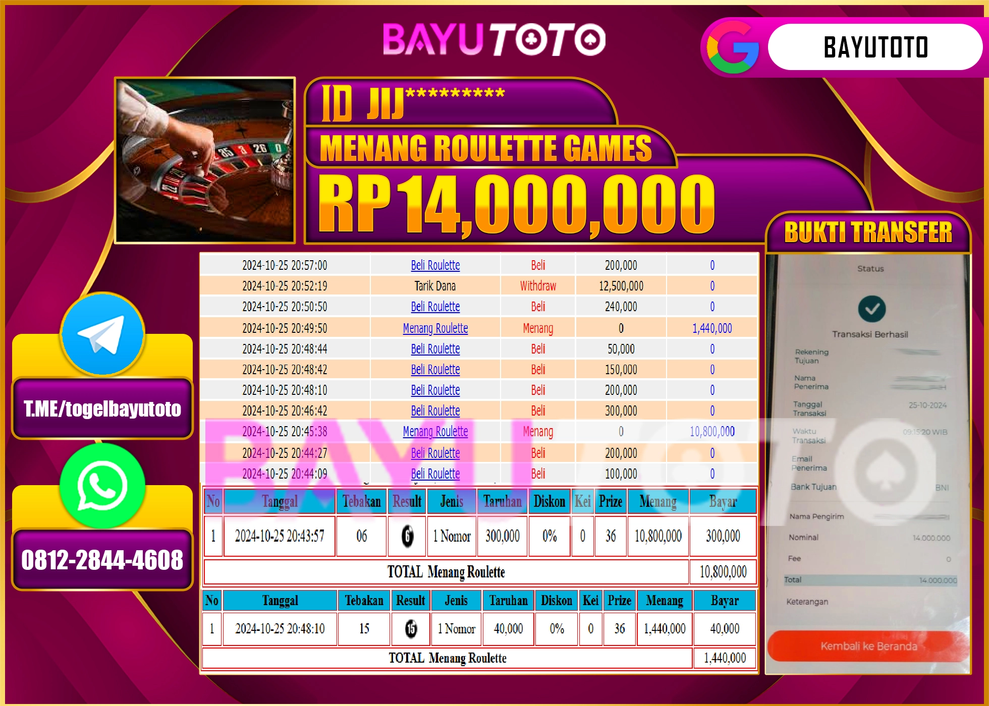 BAYUTOTO MENANG LIVE GAME ROULETTE 14.000.000 - LUNAS