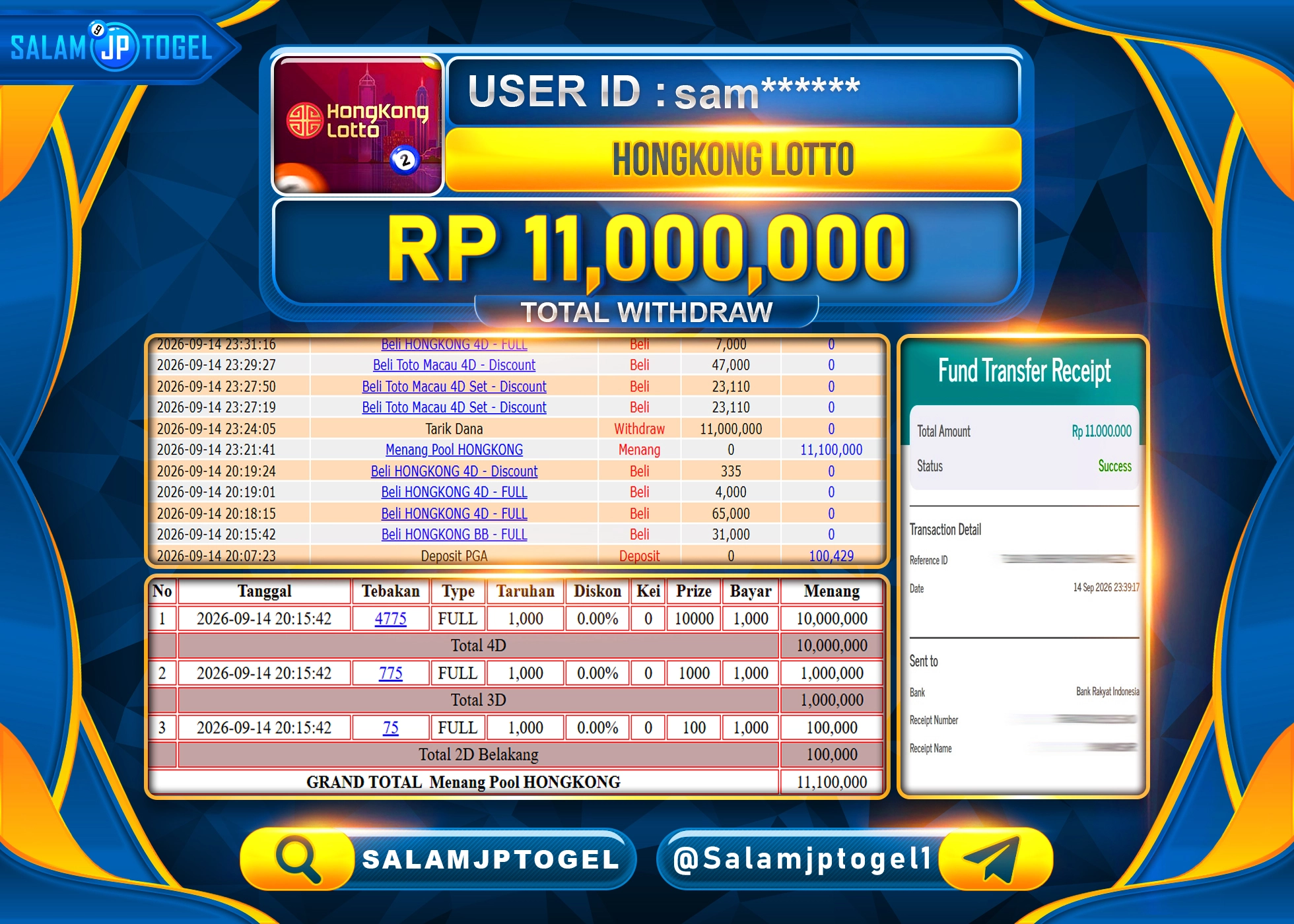 SALAMJPTOGEL JACKPOT MENANG TOGEL HONGKONG LOTTO Rp.11,000,000 - LUNAS