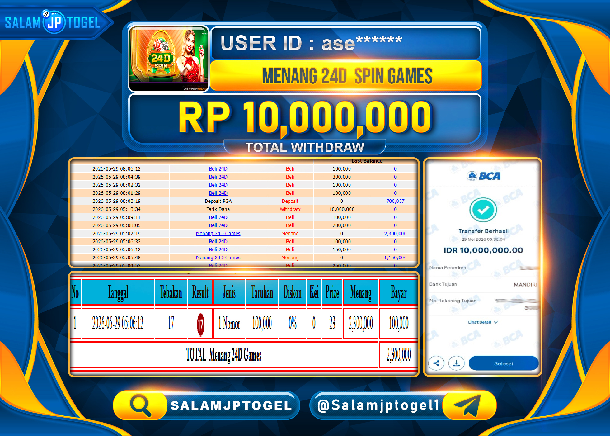 SALAMJPTOGEL JACKPOT Menang 24D Roullate (LIVE GAME) Rp.10,000,000 - LUNAS