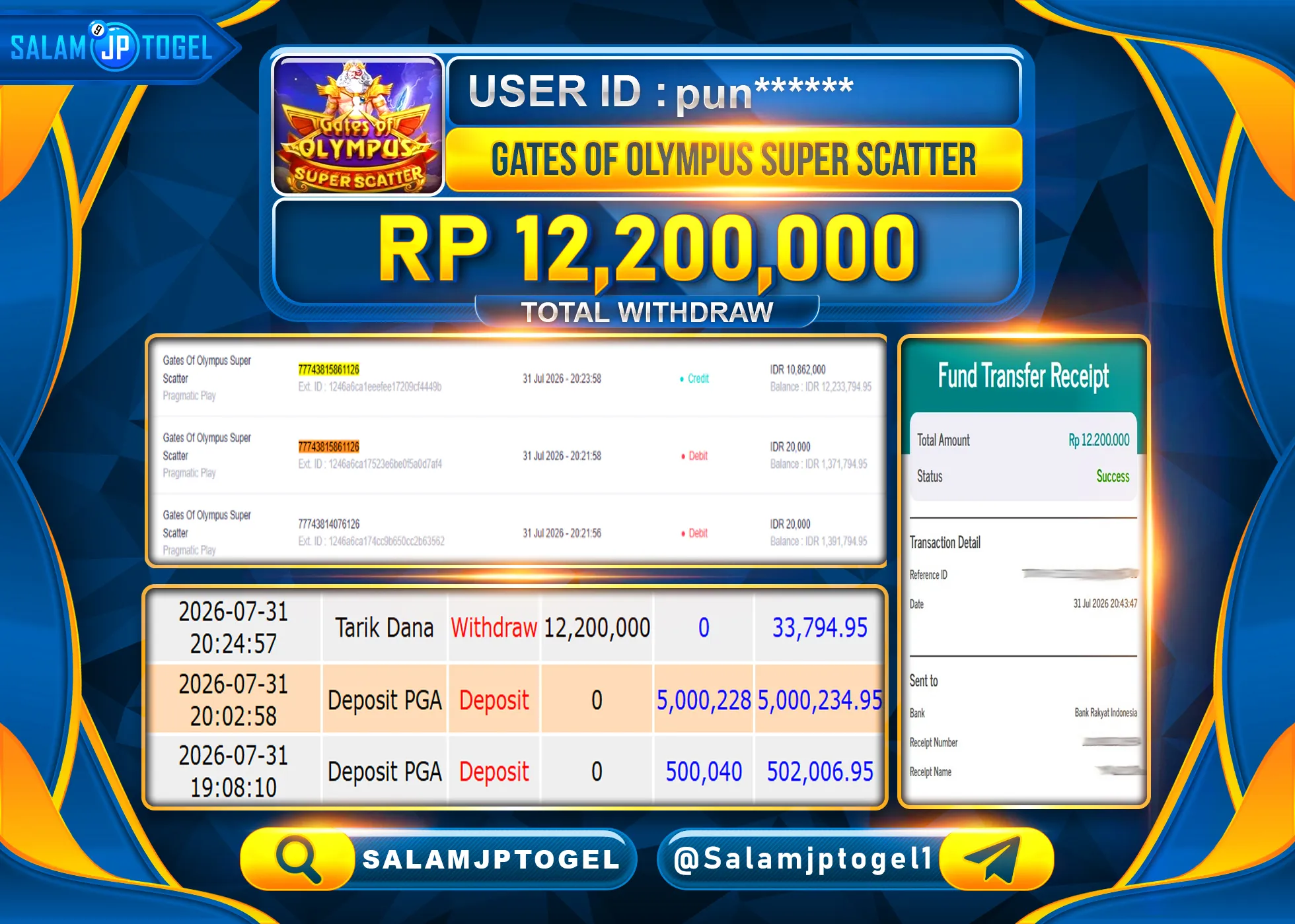 SALAMJPTOGEL JACKPOT MENANG SLOT GATES OF OLYMPUS SUPER SCATTER  Rp.12,200,000 - LUNAS
