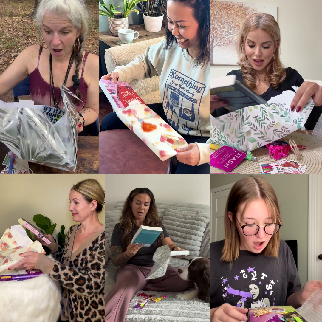 People unwrapping their book for the first time
