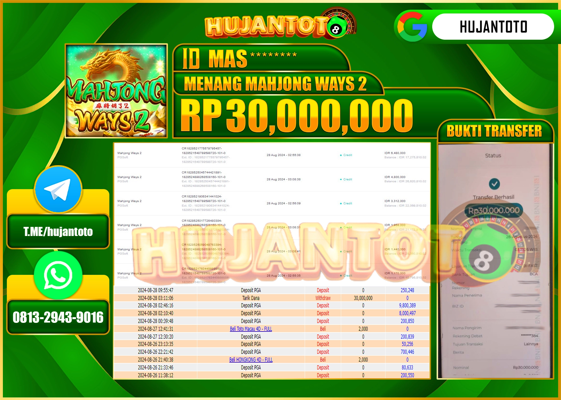 HUJANTOTO MENANG BESAR DI PERMAINAN MAHJONG WAYS 2 30.000.000 - LUNAS 