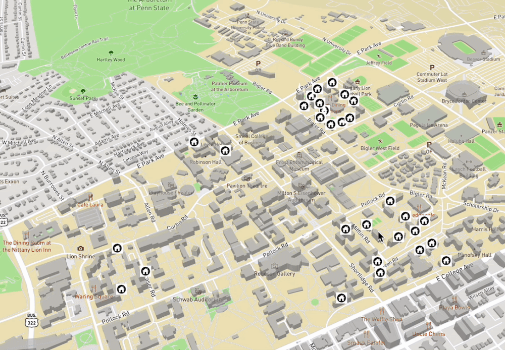 Mapbox Dorms for Penn State - an interactive map of Penn State University.