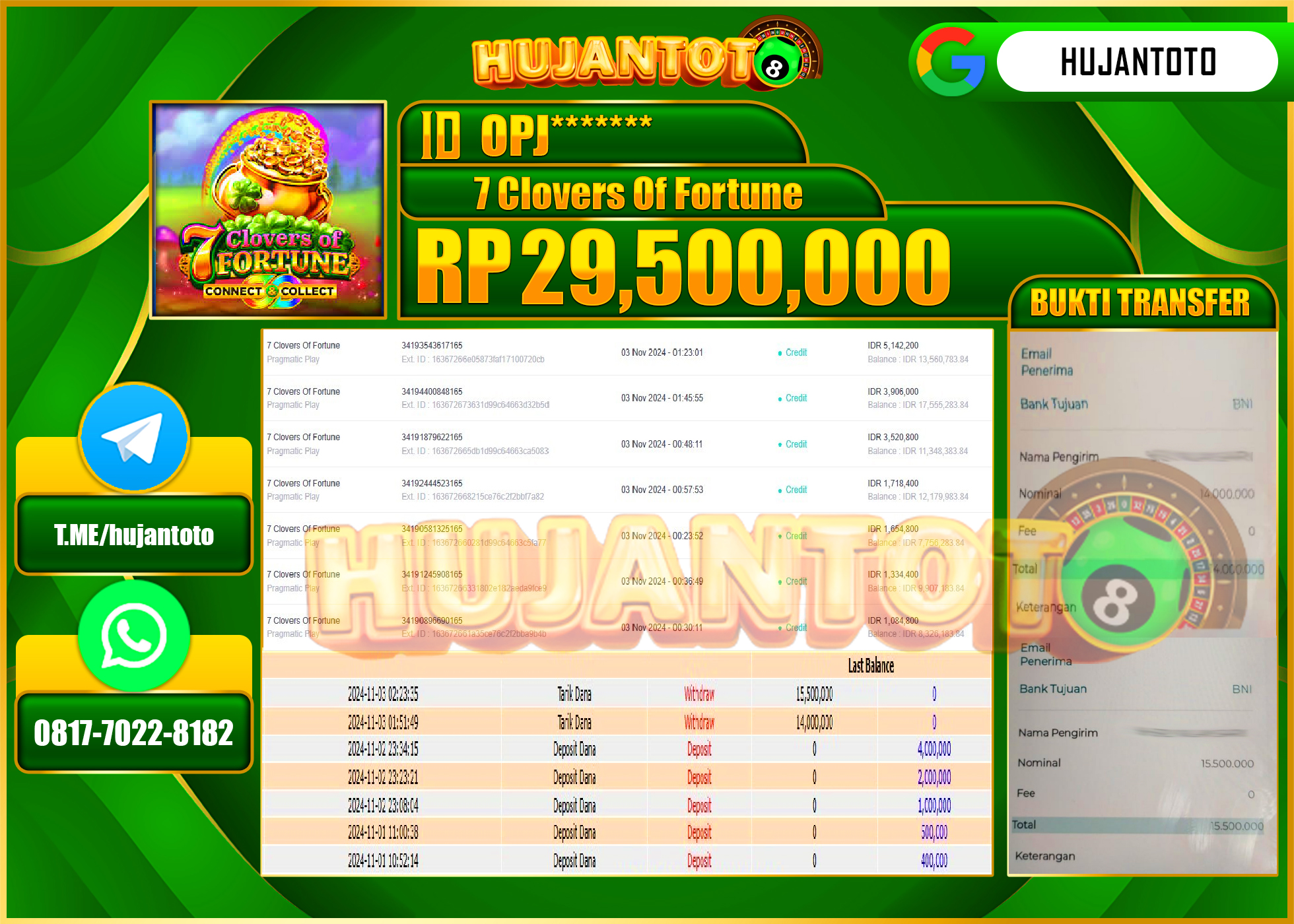 HUJANTOTO MENANG DI PERMAINAN 7 CLOVER OF FORTUNE  - 29,500,000 - LUNAS
