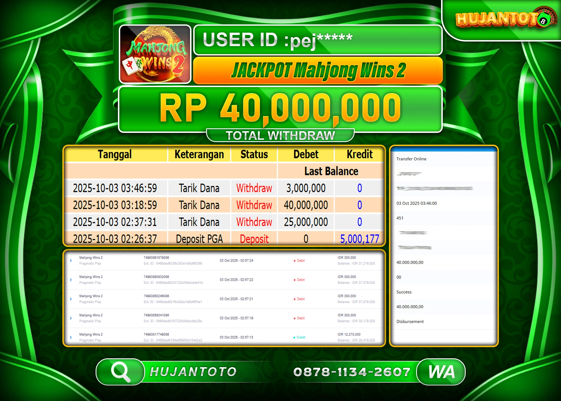 HUJANTOTO - BUKTI JACKPOT MENANG SLOT MAHJONG WINS 2 Rp.40,000,000 - TERBAYAR LUNAS