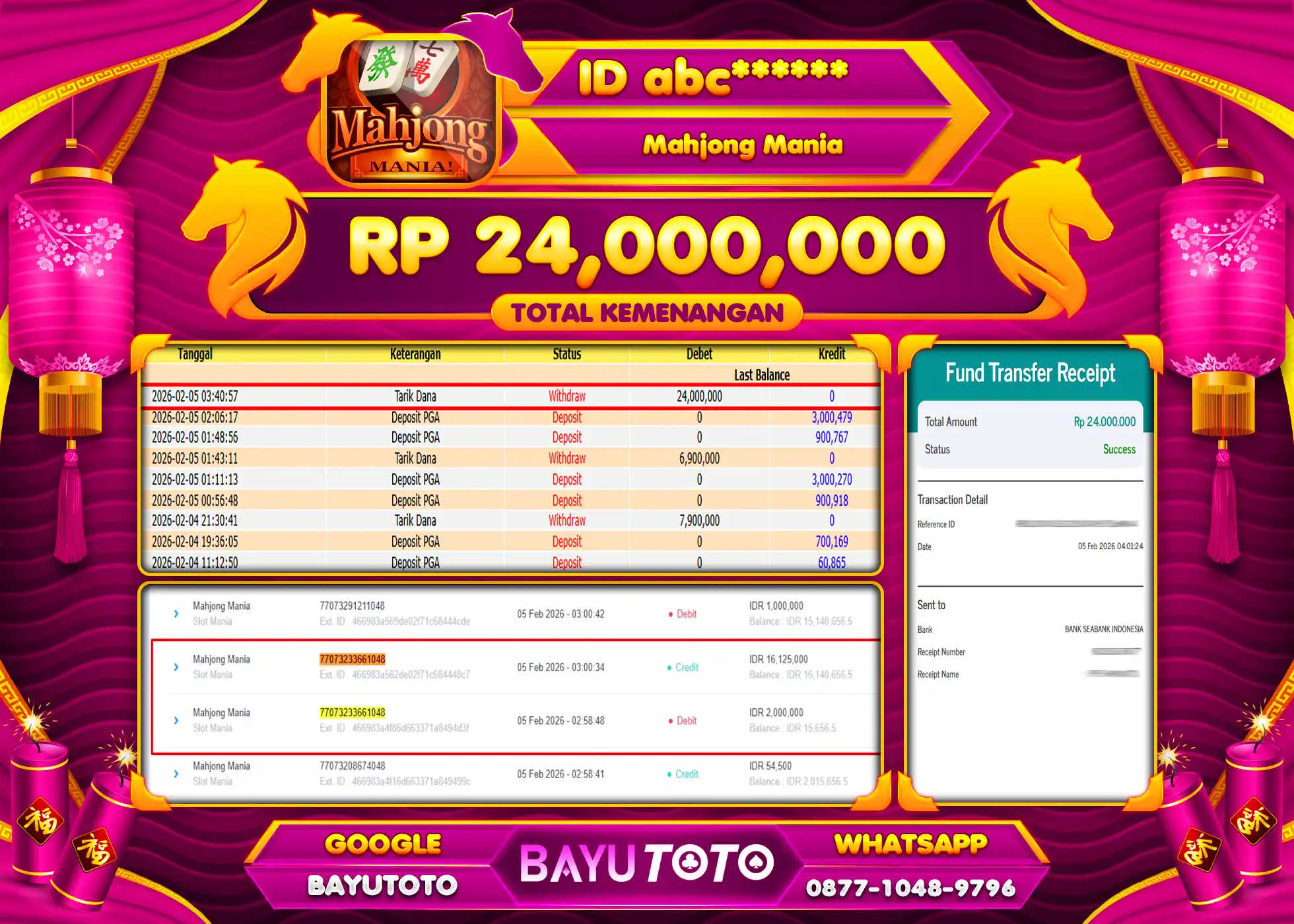 SELAMAT KEPADA MEMBER SETIA BAYUTOTO JACKPOT MAHJONG MANIA Rp. 24,000,000 LUNAS