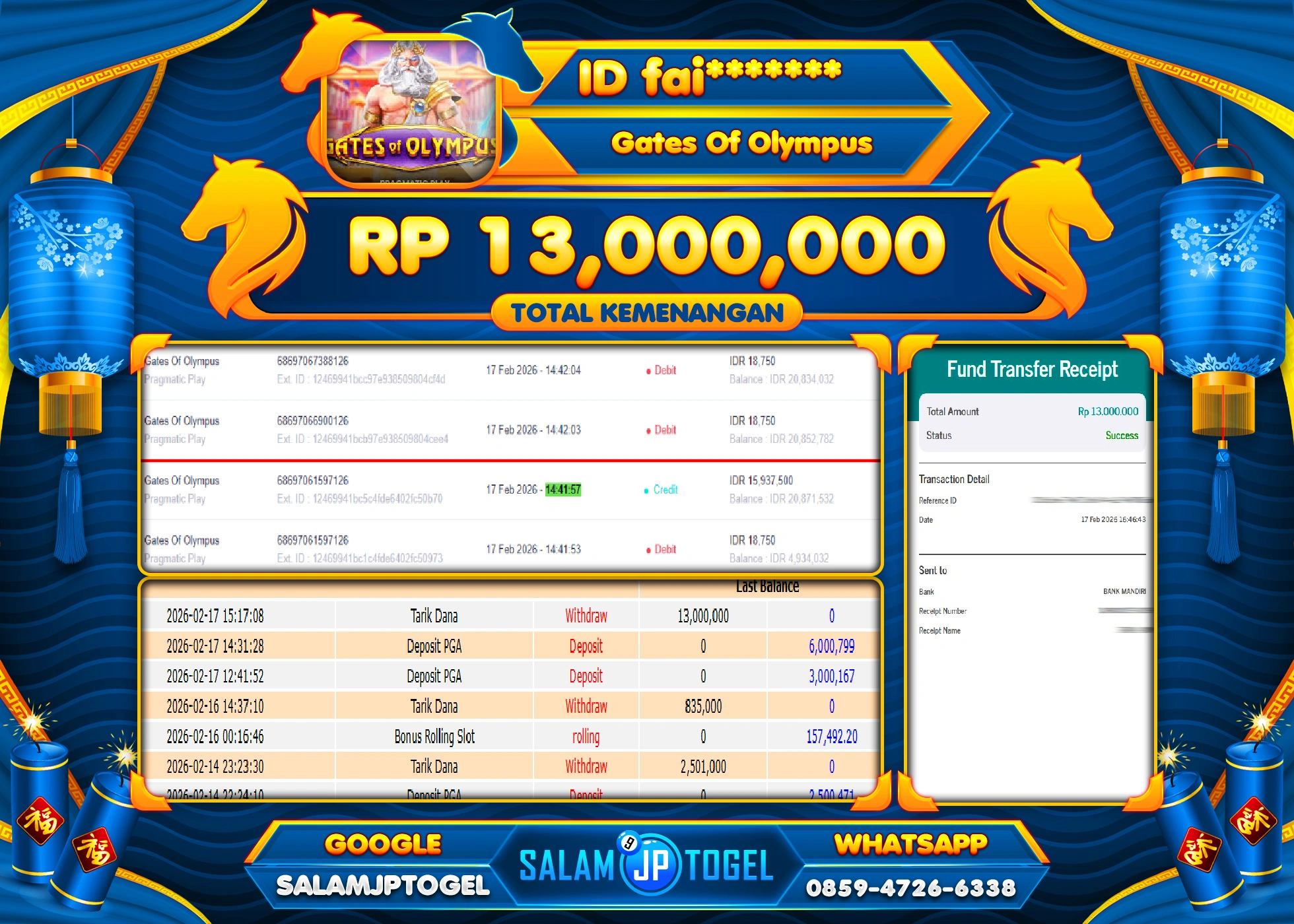 SALAMJPTOGEL JACKPOT GATES OF OLYMPUS Rp.13,000,000 - LUNAS
