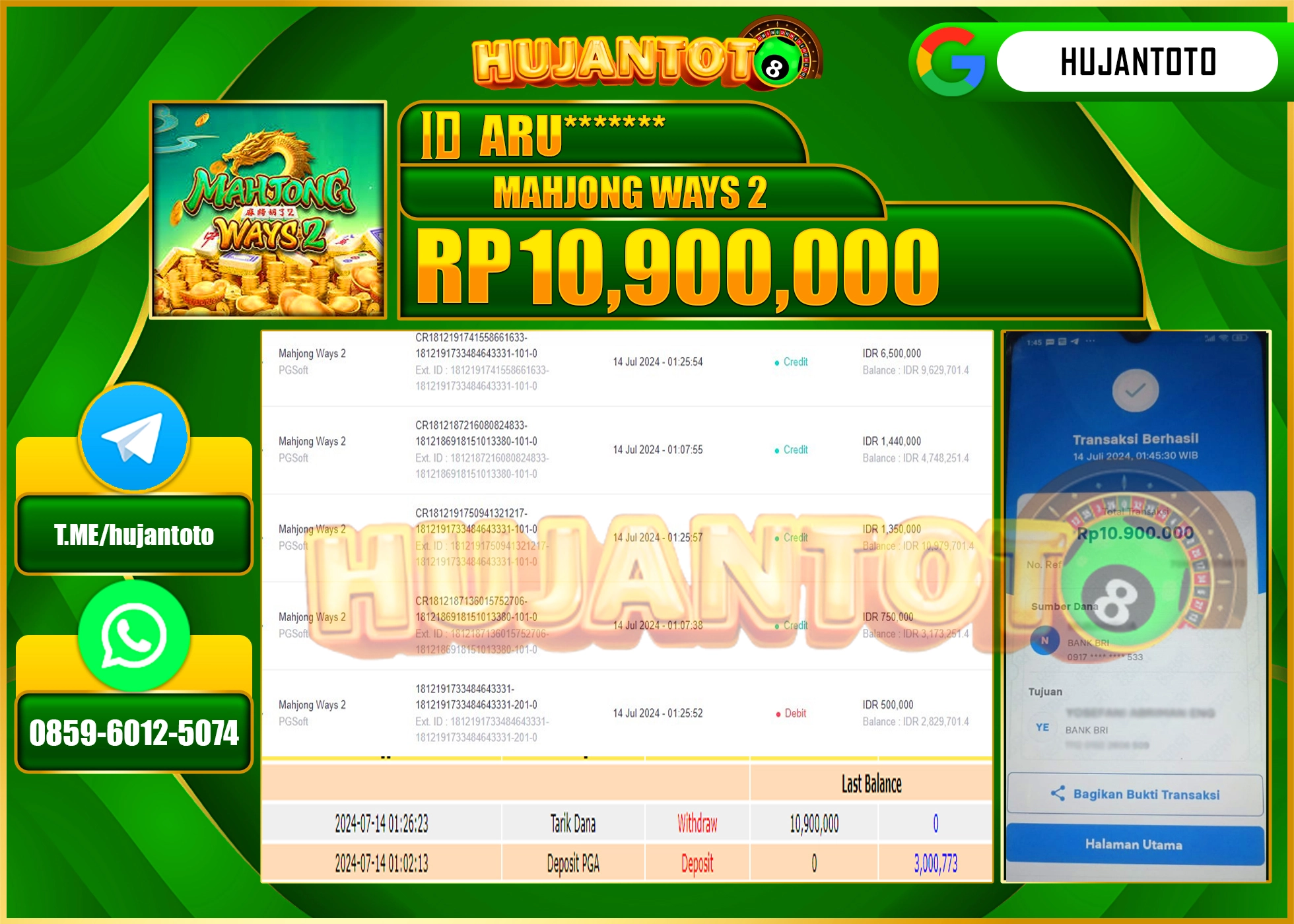 HUJANTOTO MENANG PERMAINAN SLOT MAHJONG WAYS 2  10.900.000 - LUNAS 
