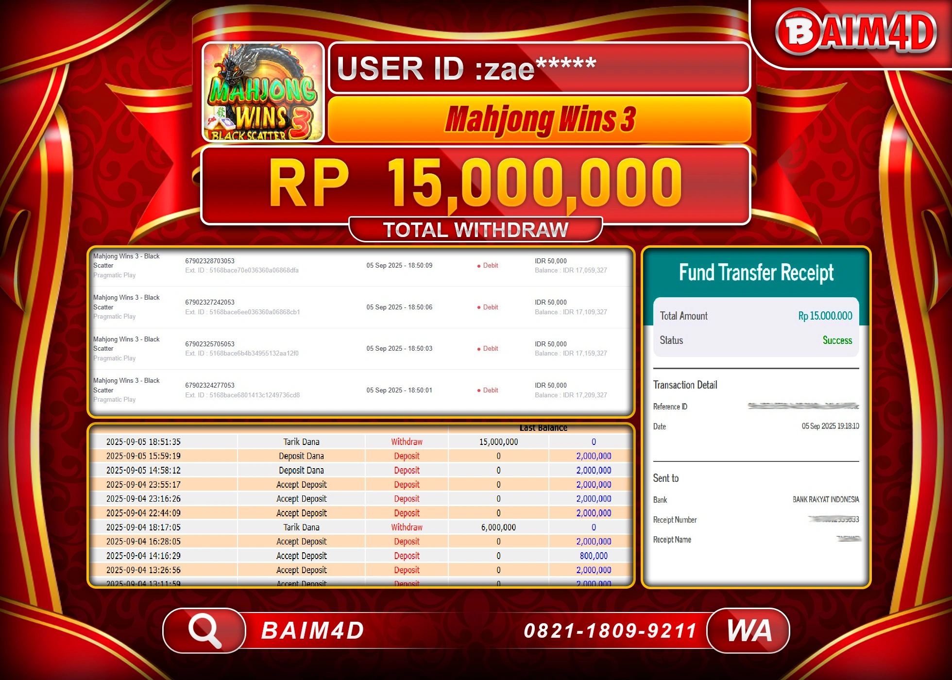 BAIM4D JACKPOT SLOT MAHJONG WINS 3 Rp.15,000,000.- LUNAS