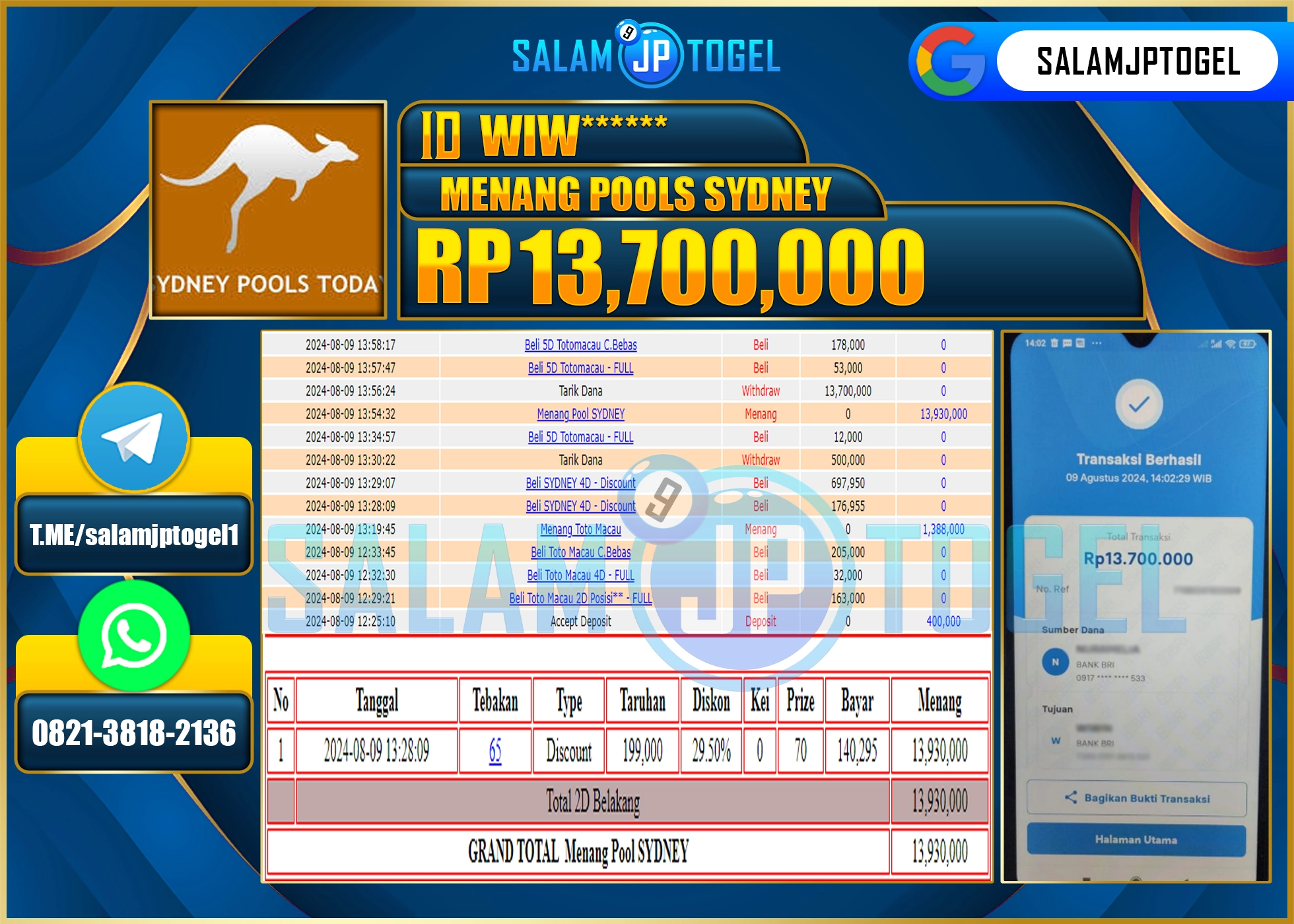 SALAMJPTOGEL MENANG POOLS SYDNEY RP. 13,700,000 LUNAS