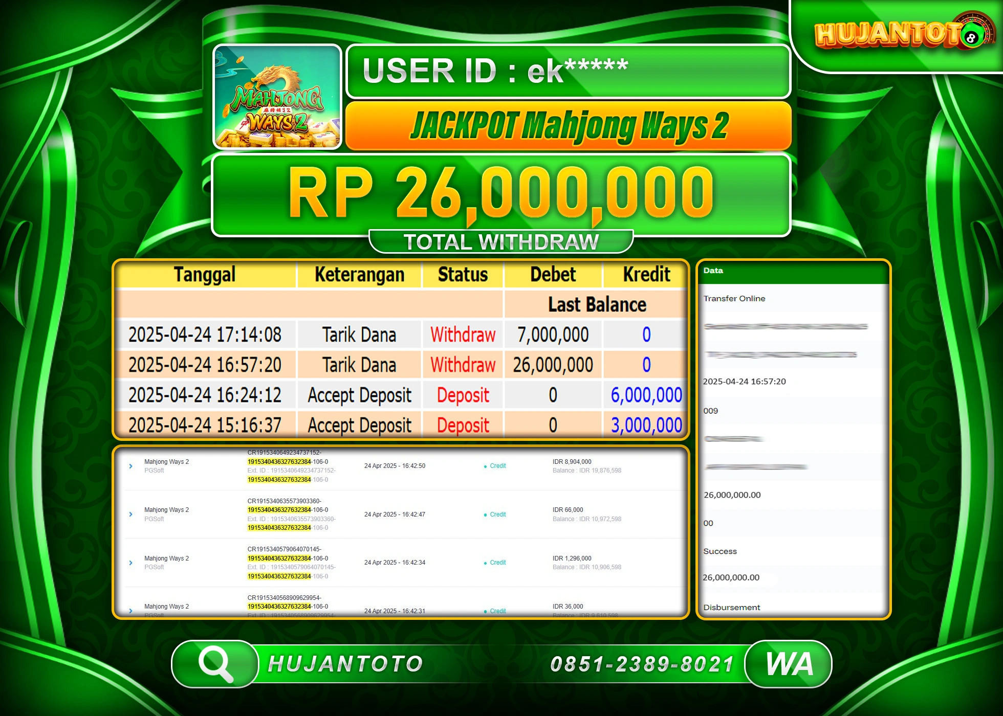 HUJANTOTO - BUKTI JACKPOT MENANG SLOT MAHJONG WAYS 2 Rp,26,000,000 - TERBAYAR LUNAS