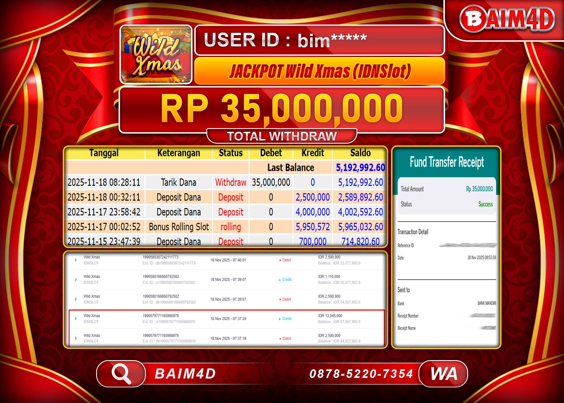 BAIM4D JACKPOT  SLOT WILD XMAS  IDNSLOT  Rp.35,000,000 - LUNAS