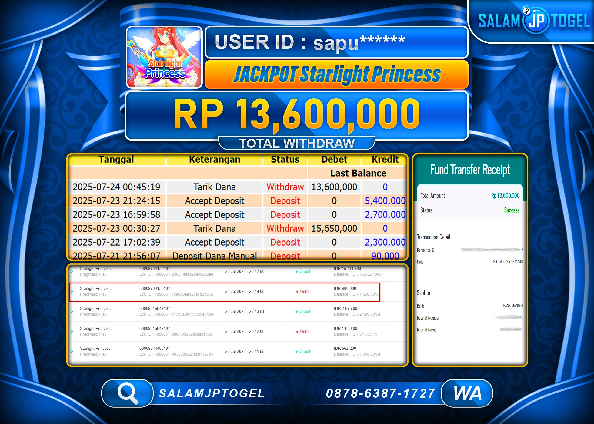 SALAMJPTOGEL MENANG STARLIGHT PRINCESS   Rp.13,600,000