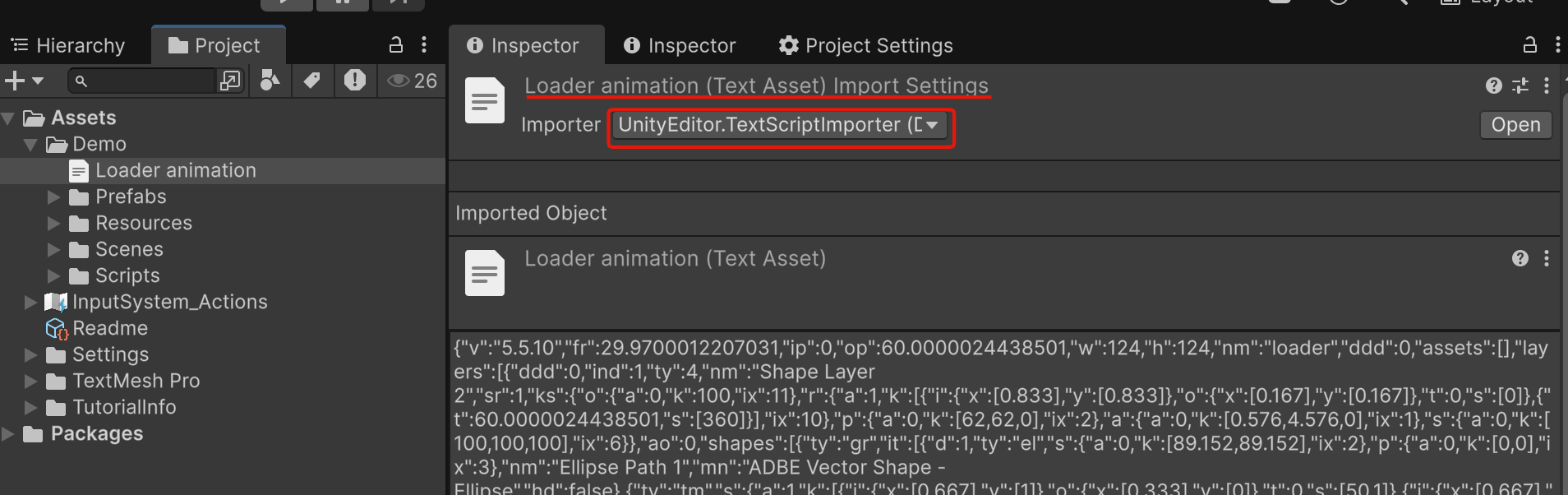 TextAssetとしてインポートされた状態
