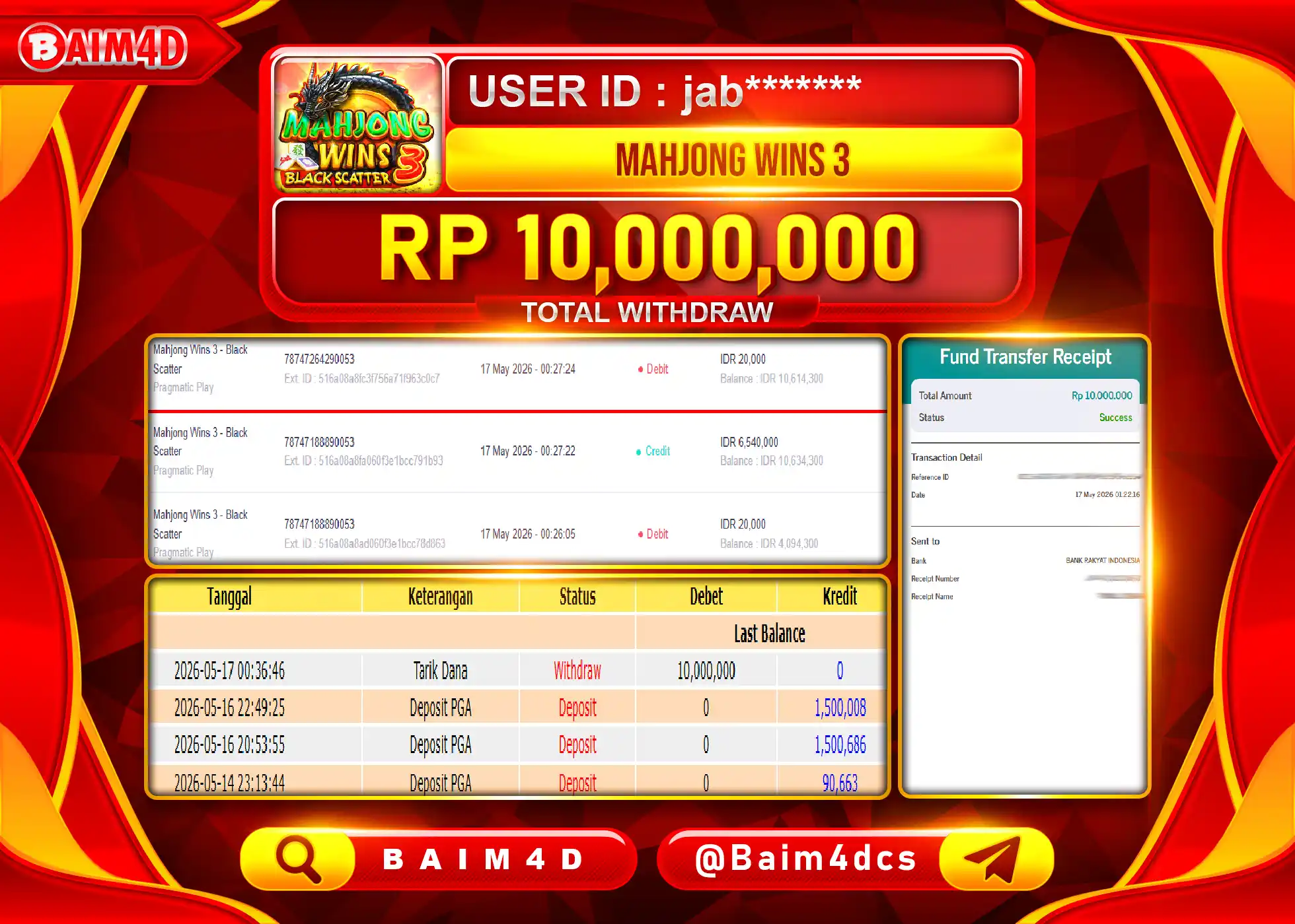 BAIM4D JACKPOT SLOT MAHJONG WINS 3 Rp.10,000,000 - LUNAS