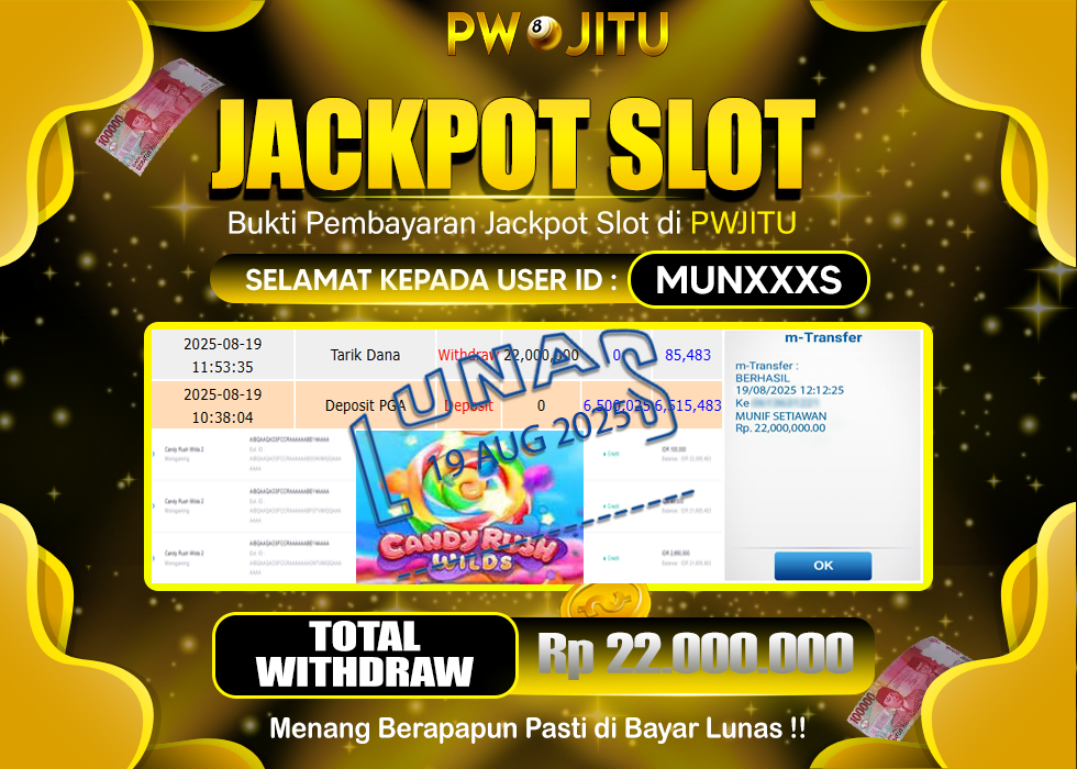 PWJITU JACKPOT SLOT CANDY RUSH WILD 2 Rp.22.000.000,- LUNAS