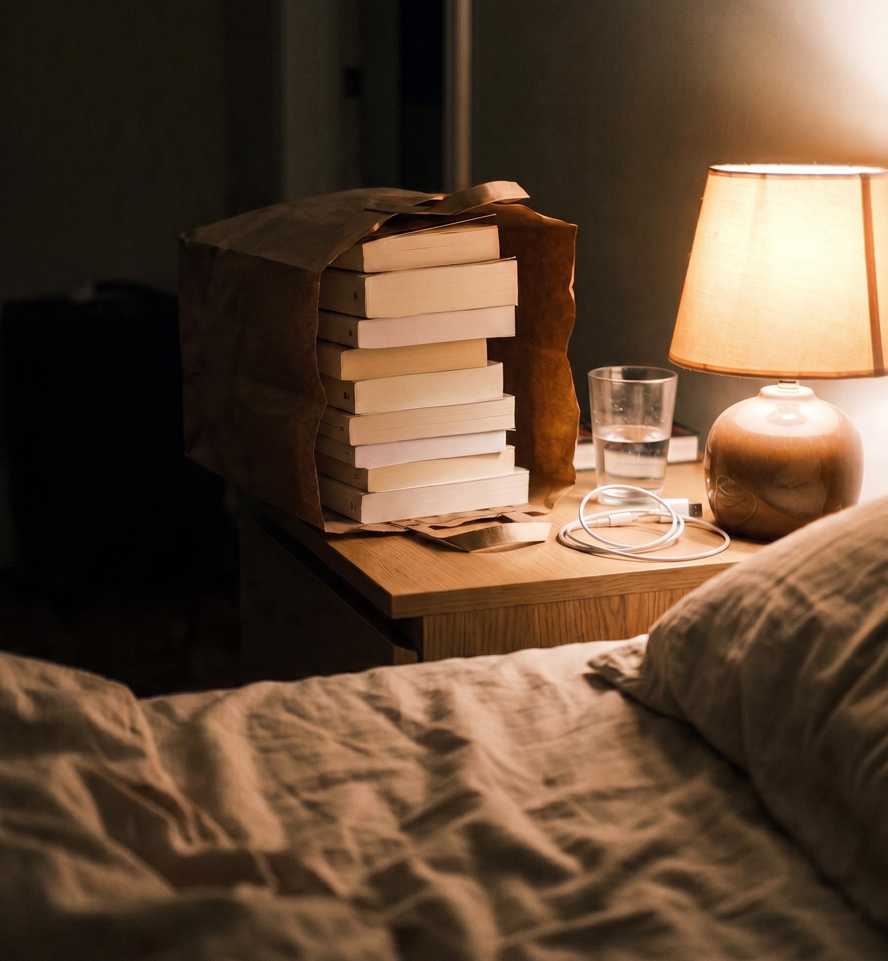A paper bag of unread books on a nightstand