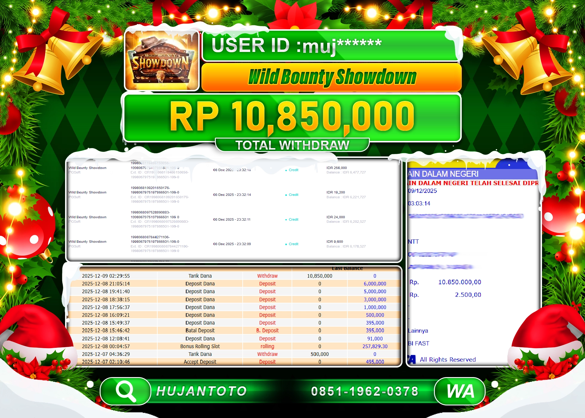 HUJANTOTO - BUKTI JACKPOT MENANG SLOT WILD BOUNTY SHOWDOWN Rp.10,850,000 - TERBAYAR LUNAS