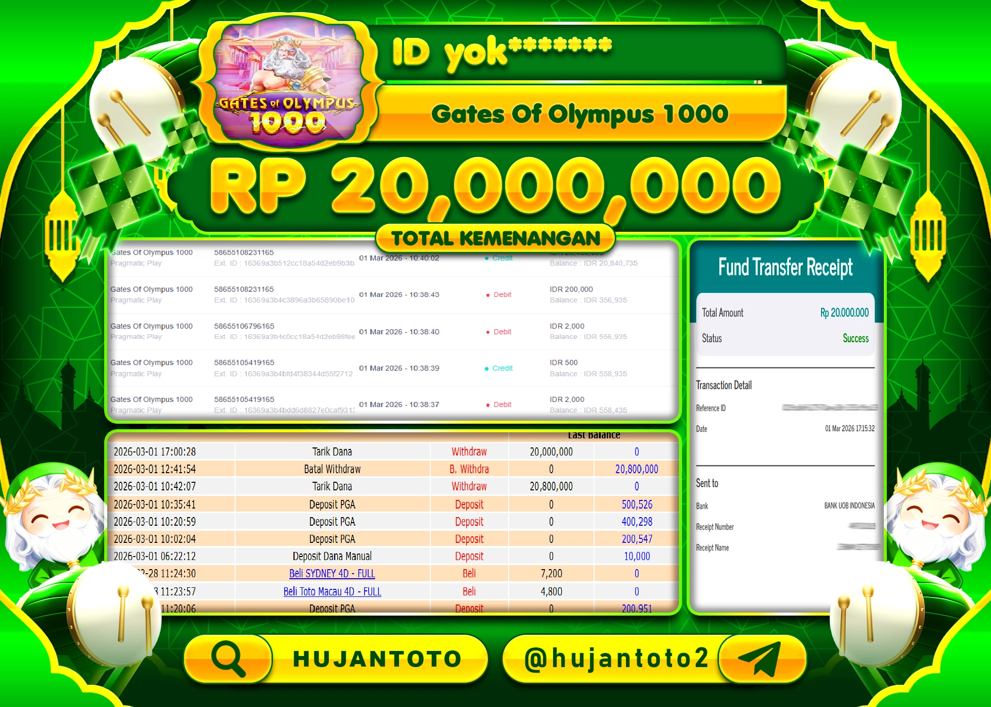 HUJANTOTO - BUKTI JACKPOT MENANG SLOT GATES  OF OLYMPUS 1000 Rp.20,000,000 - TERBAYAR LUNAS
