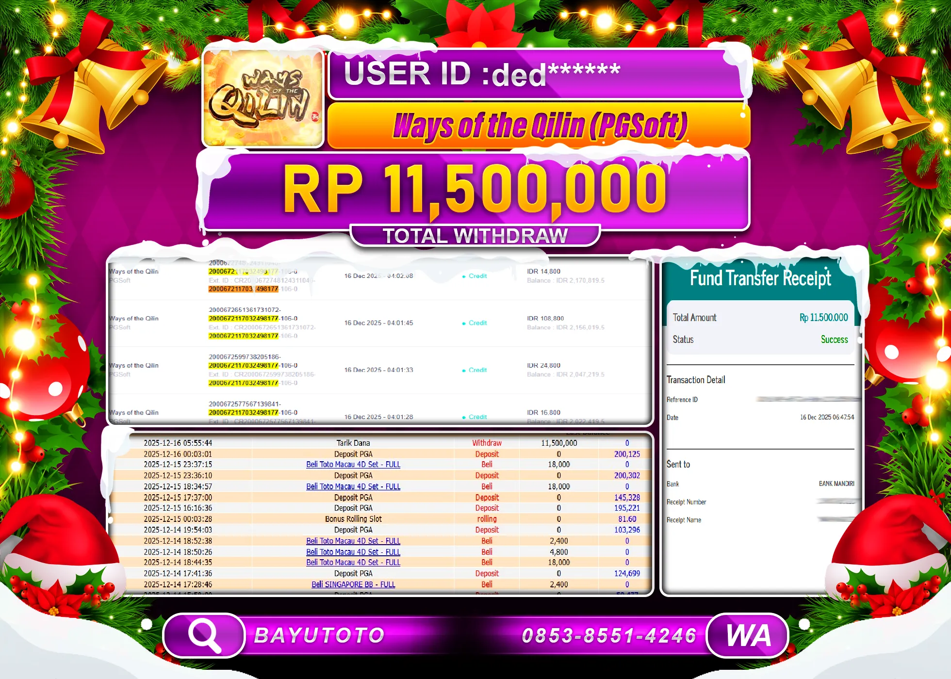 SELAMAT MEMBER SETIA BAYUTOTO JACKPOT DI SLOT WAYS OF THE QILIN (PGSoft) Rp. 11,500,000 LUNAS