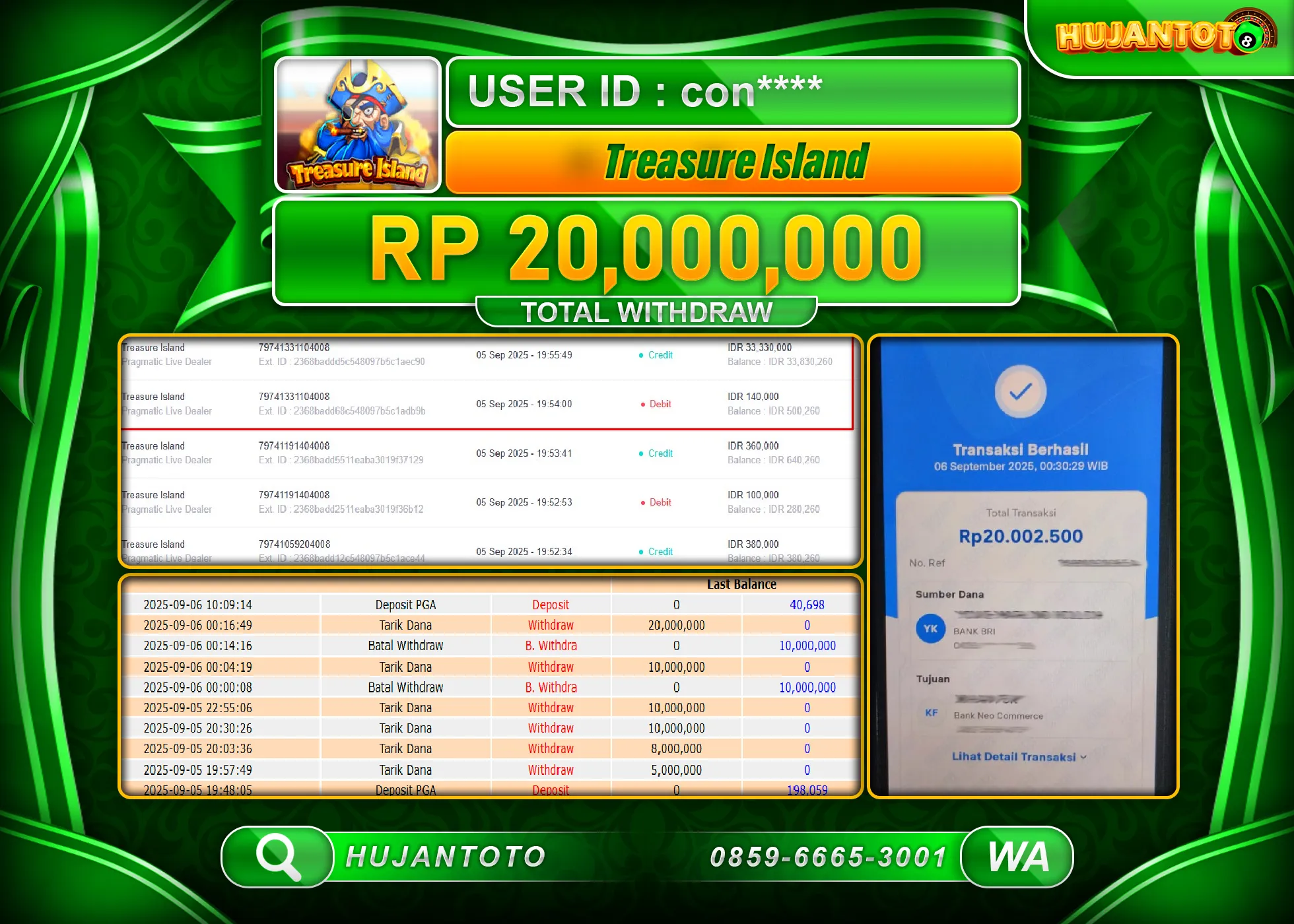 HUJANTOTO - BUKTI JACKPOT MENANG SLOT TREASURE ISLAND Rp.20,000,000 - TERBAYAR LUNAS